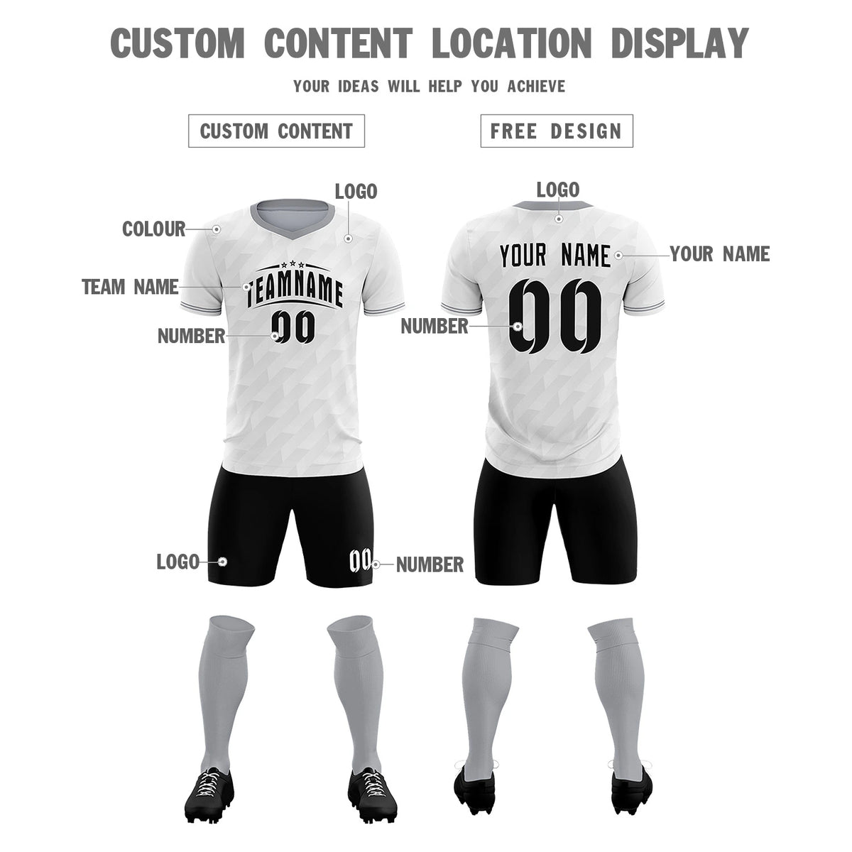 Custom White Gray Training Uniform Soccer Sets Jersey