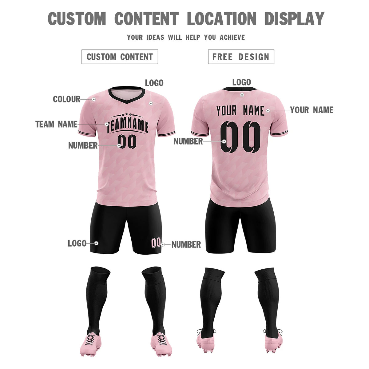 Custom Light Pink Black Training Uniform Soccer Sets Jersey