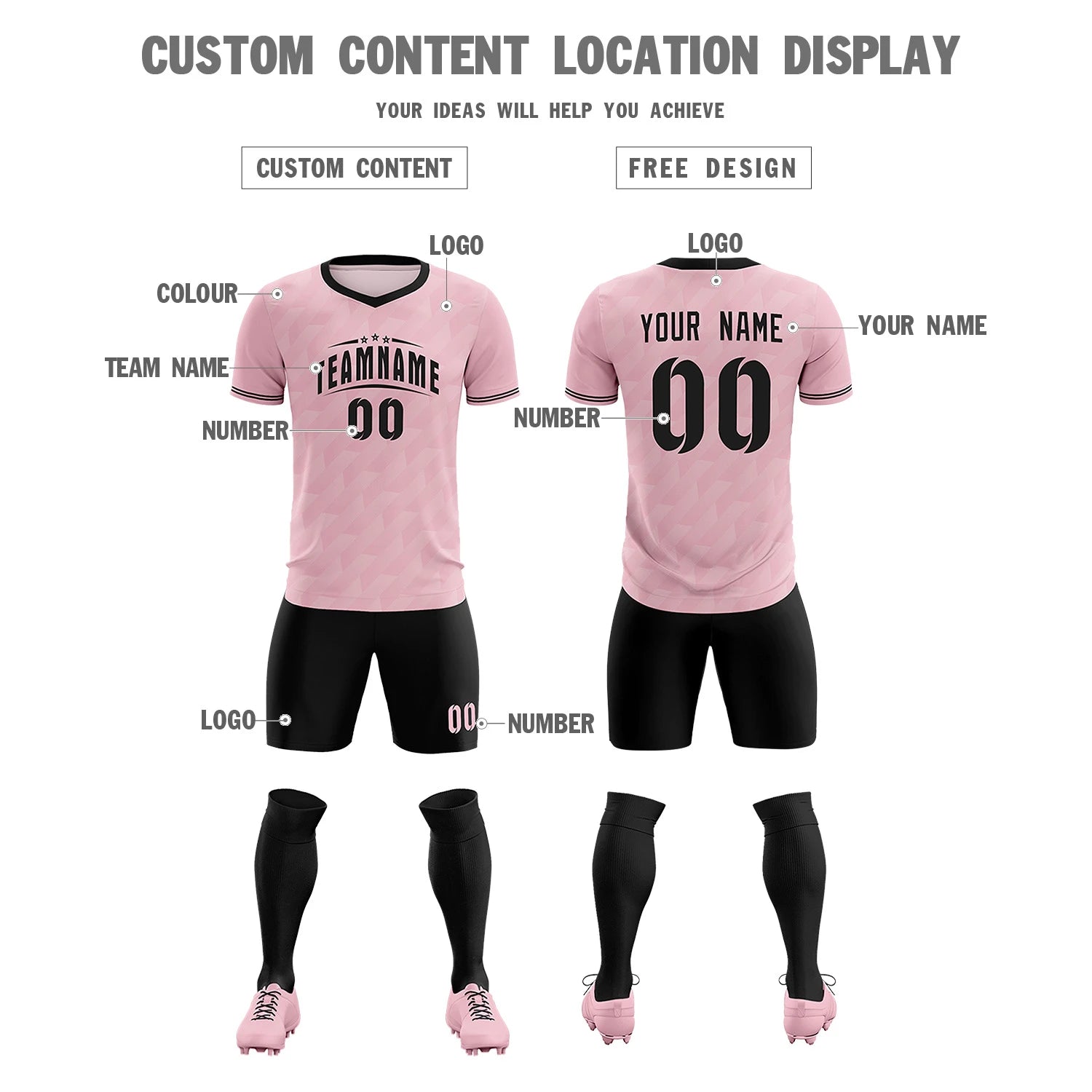 Custom Light Pink Black Training Uniform Soccer Sets Jersey