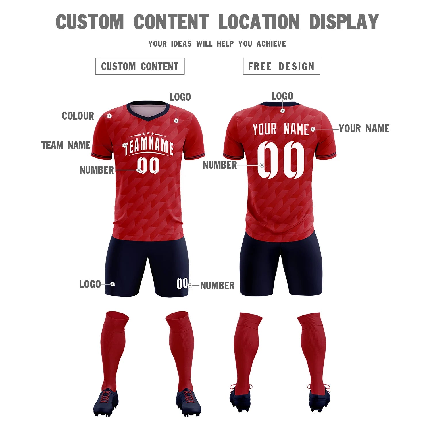 Custom Red Navy Training Uniform Soccer Sets Jersey