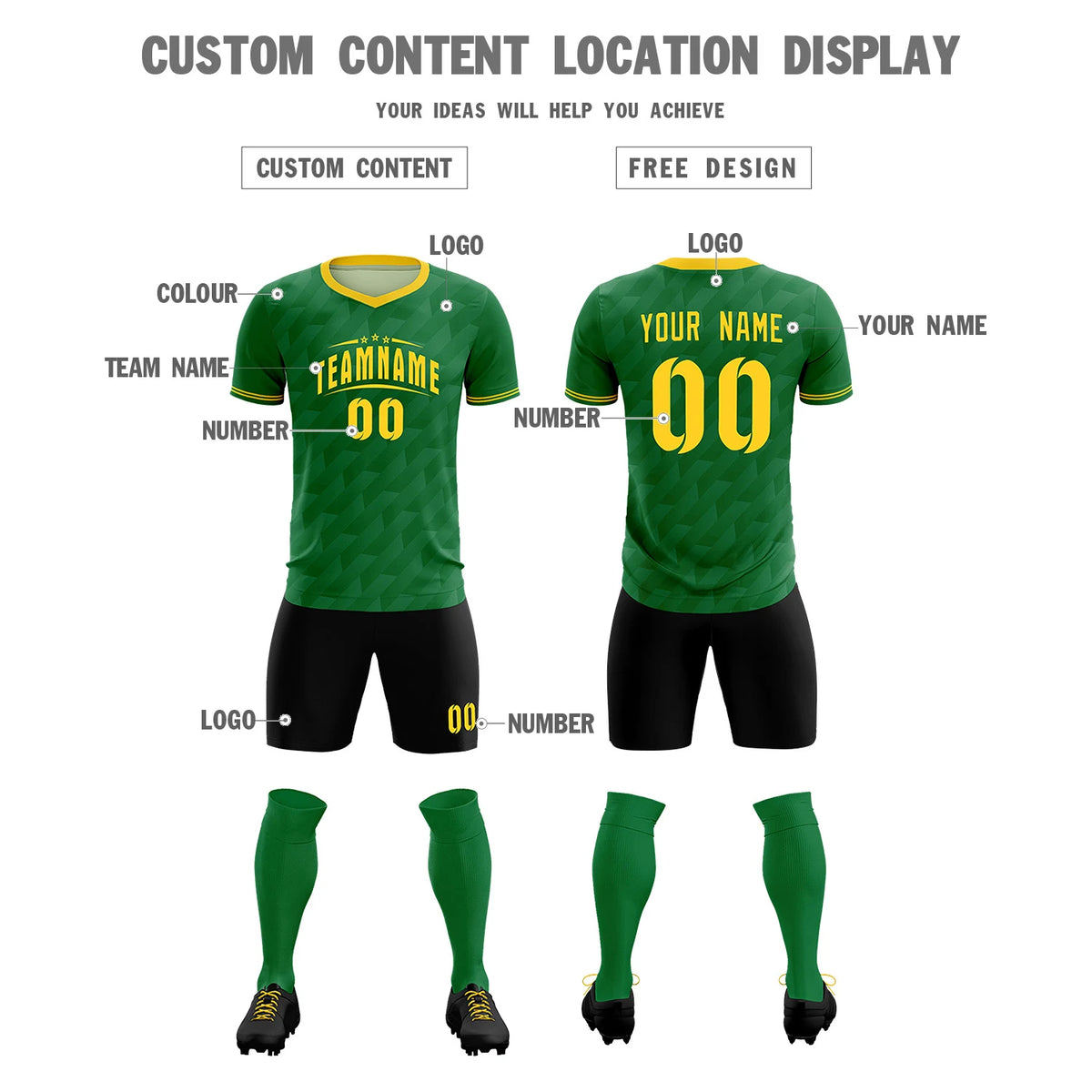 Custom Kelly Green Black Training Uniform Soccer Sets Jersey
