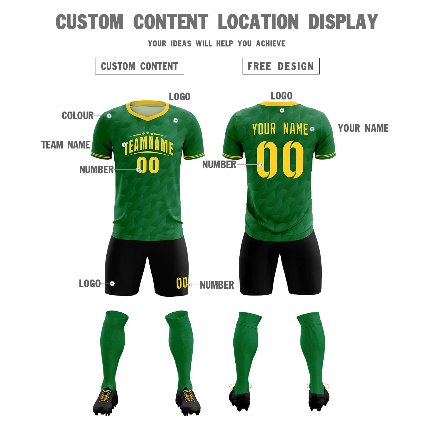 Custom Kelly Green Black Training Uniform Soccer Sets Jersey