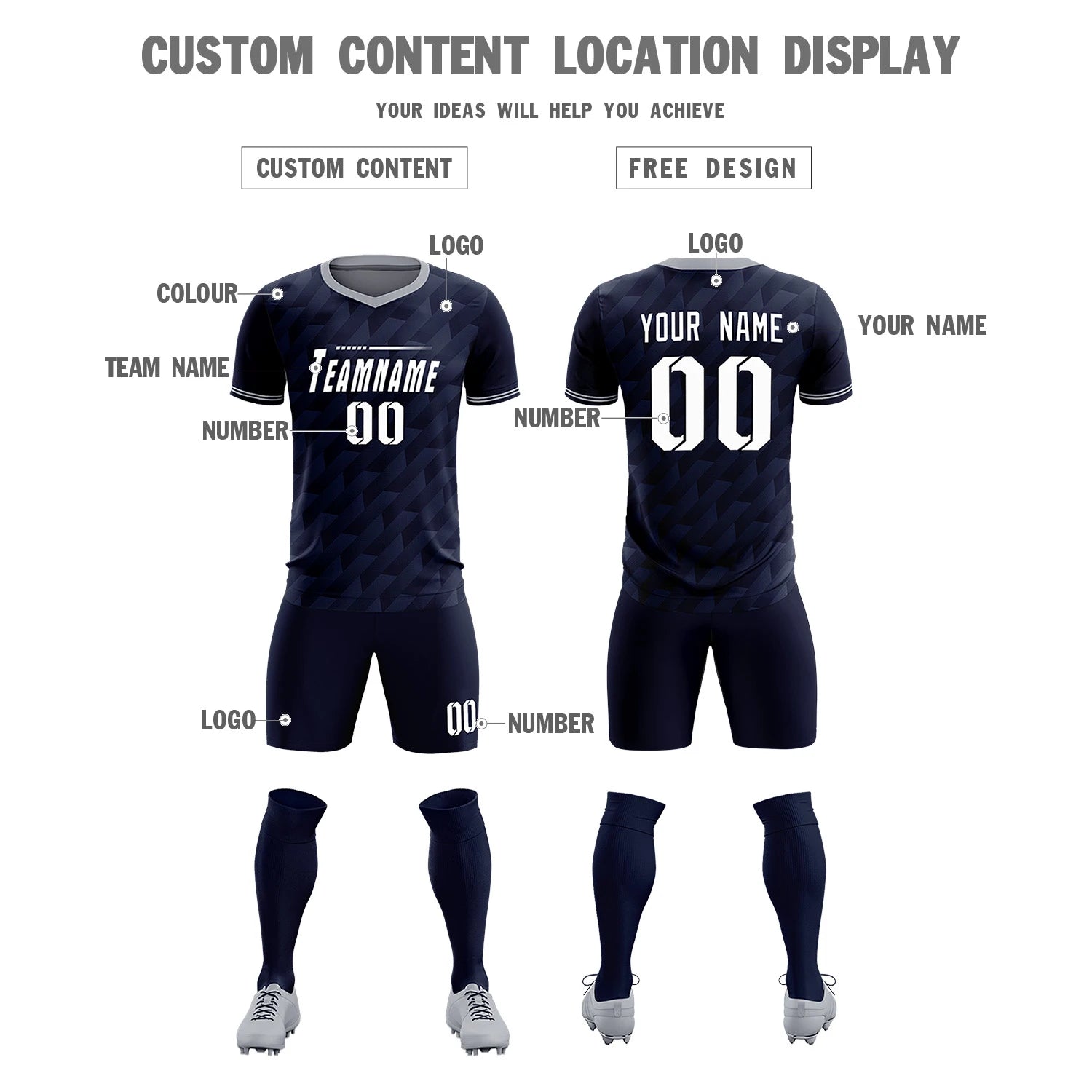 Custom Navy Gray Training Uniform Soccer Sets Jersey