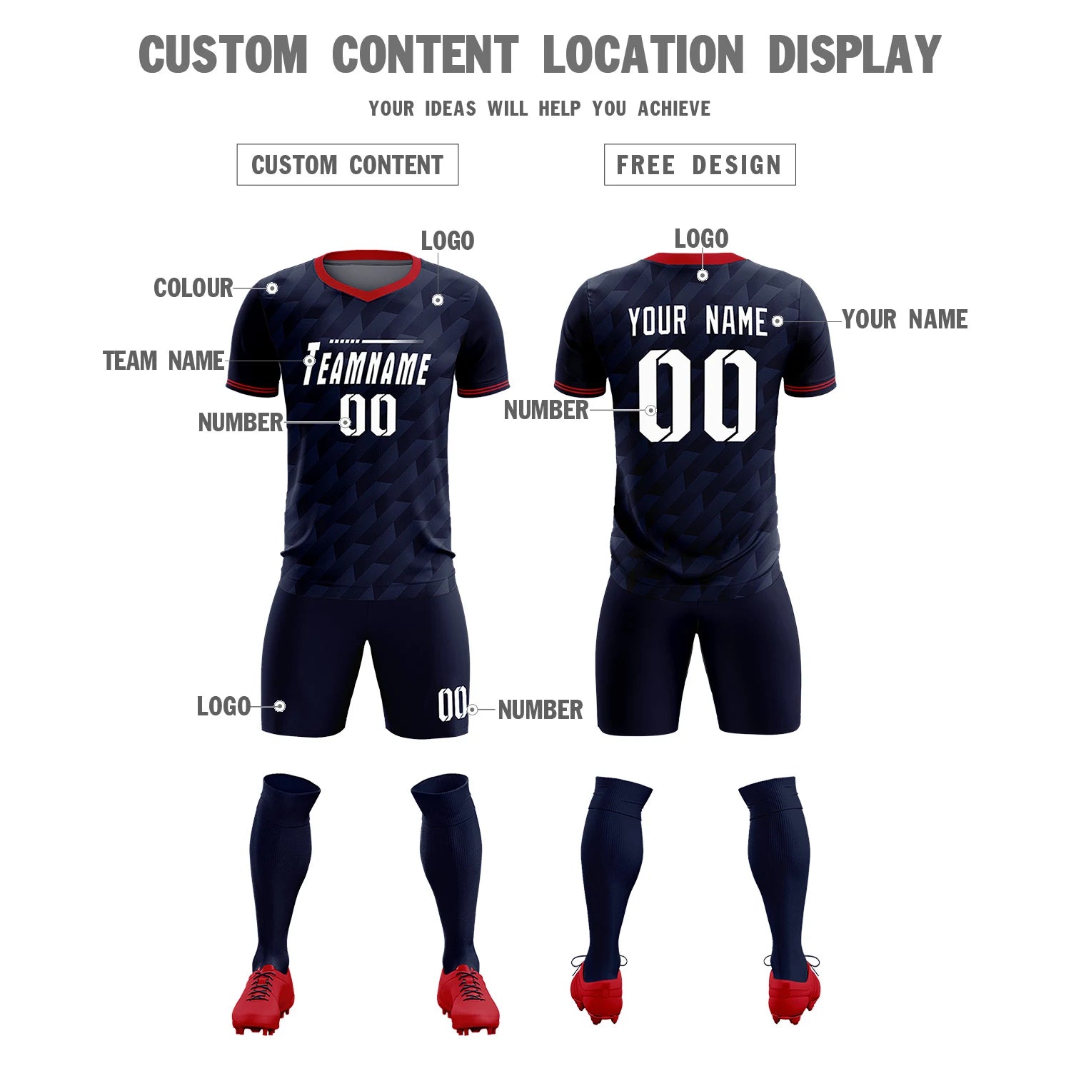 Custom Navy Red Training Uniform Soccer Sets Jersey
