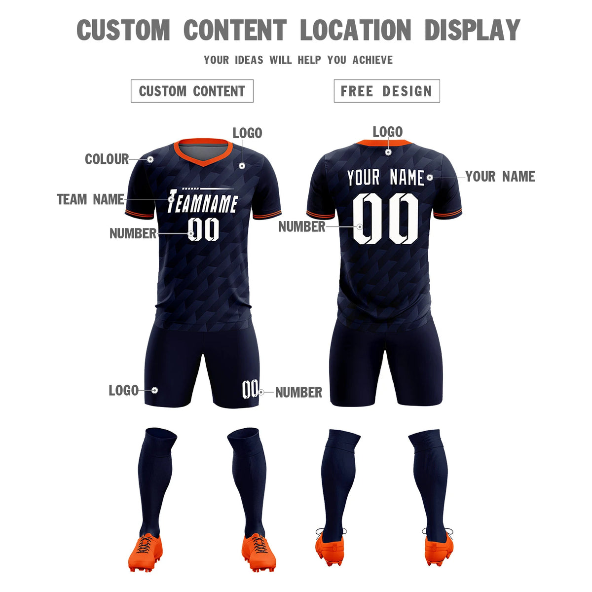 Custom Navy Orange Training Uniform Soccer Sets Jersey