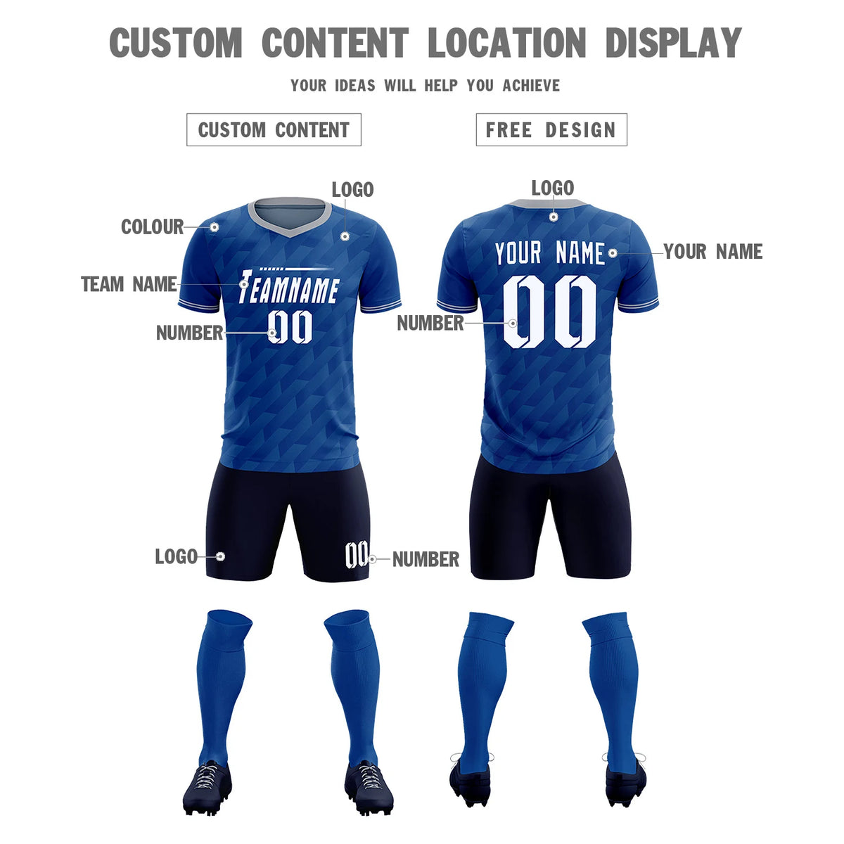 Custom Royal Blue Gray Training Uniform Soccer Sets Jersey