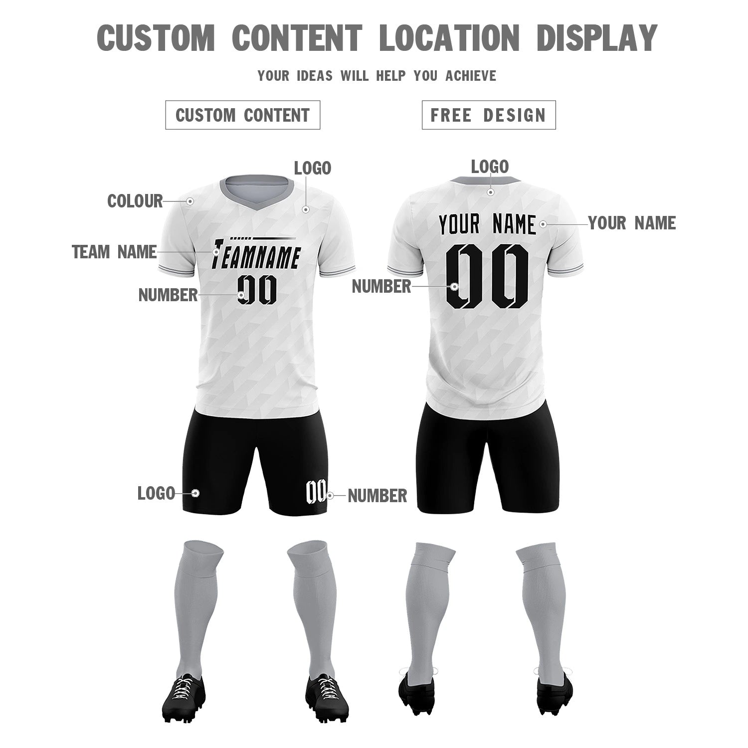 Custom White Gray Training Uniform Soccer Sets Jersey