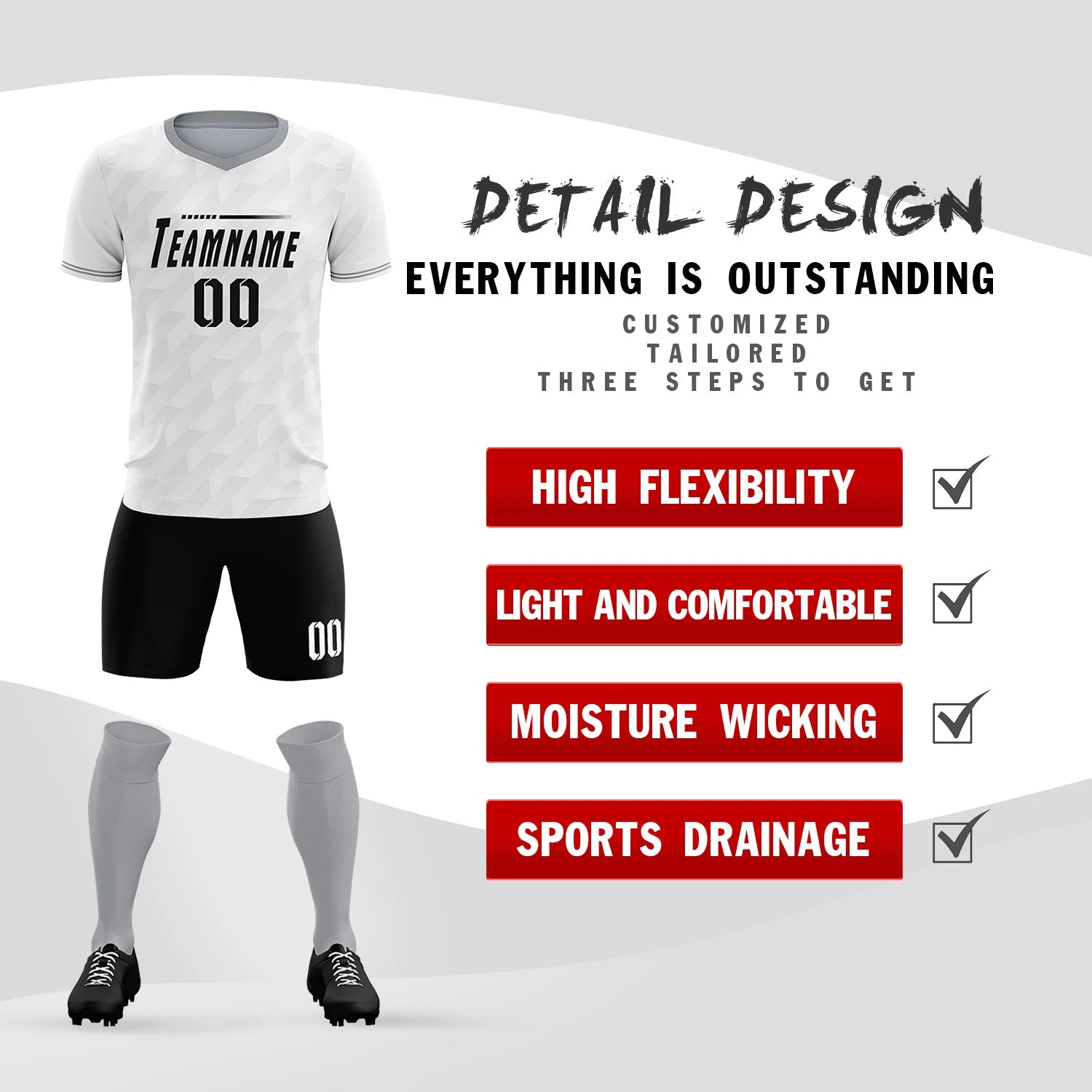 Custom White Gray Training Uniform Soccer Sets Jersey