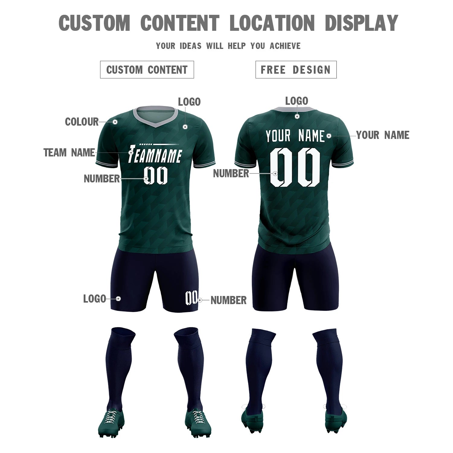 Custom Midnight Green Gray Training Uniform Soccer Sets Jersey