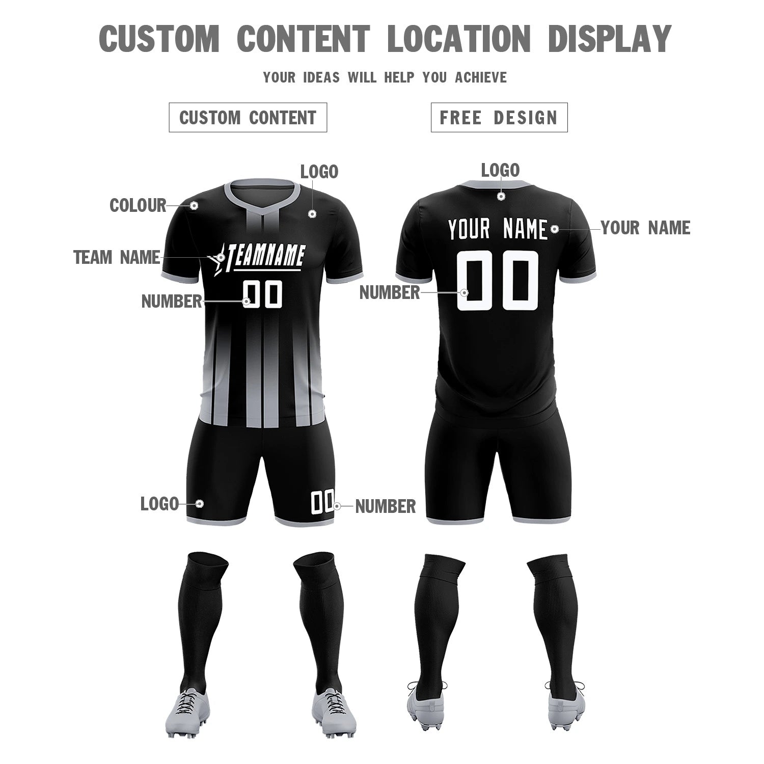 Custom Black Gray Vertical Training Uniform Soccer Sets Jersey