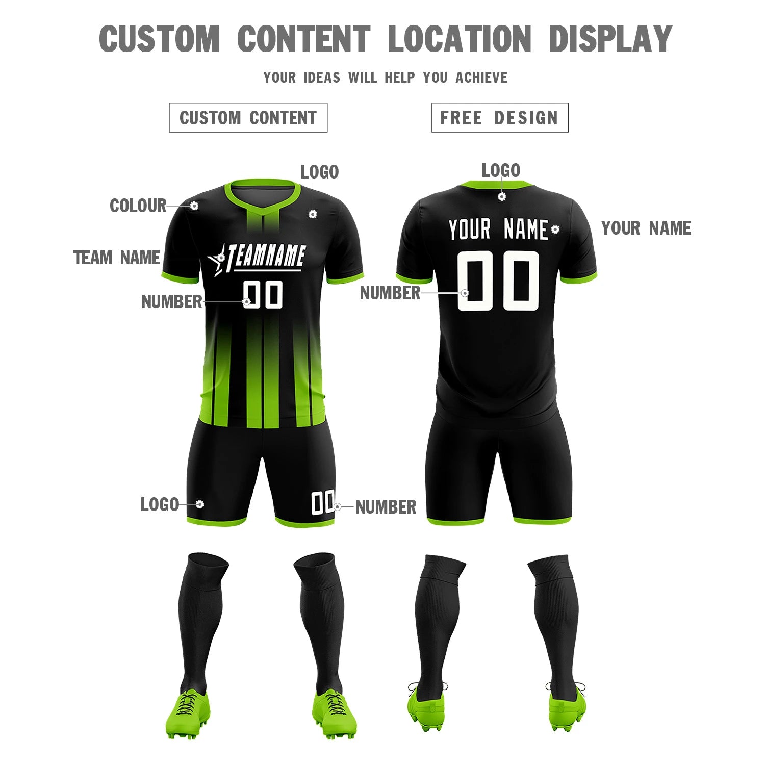 Custom Black Neon Green Vertical Training Uniform Soccer Sets Jersey