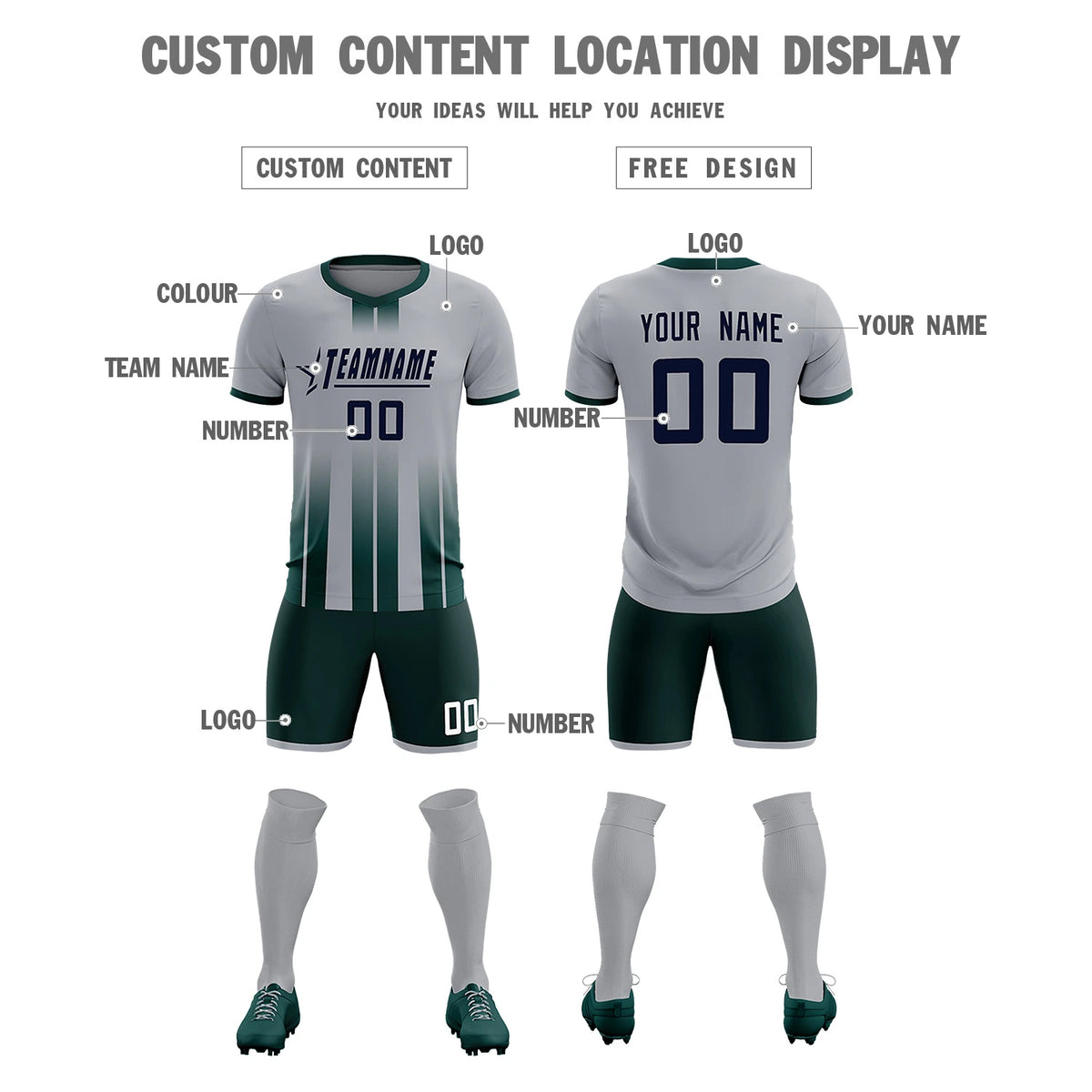 Custom Gray Midnight Green Vertical Training Uniform Soccer Sets Jersey