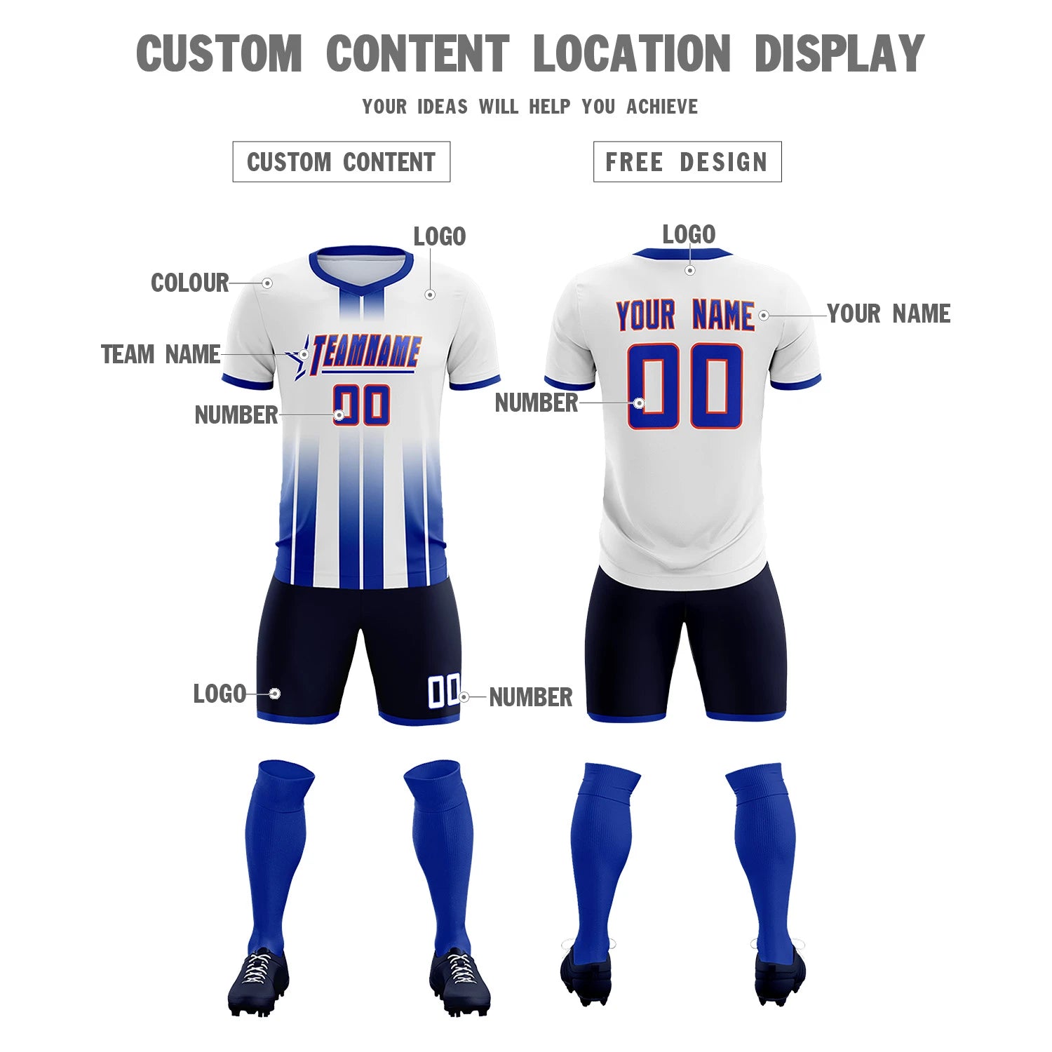 Custom White Royal Blue Vertical Training Uniform Soccer Sets Jersey