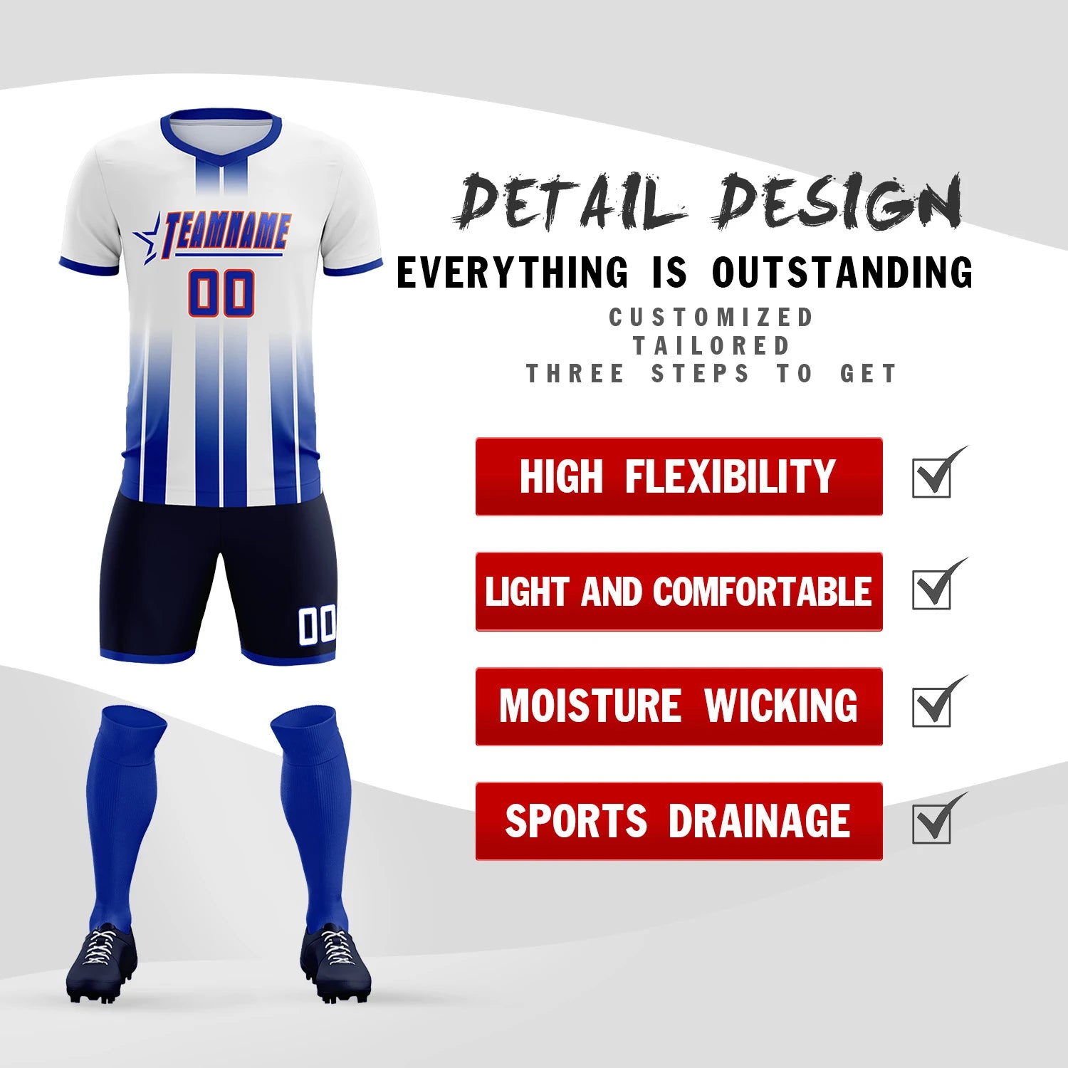 Custom White Royal Blue Vertical Training Uniform Soccer Sets Jersey