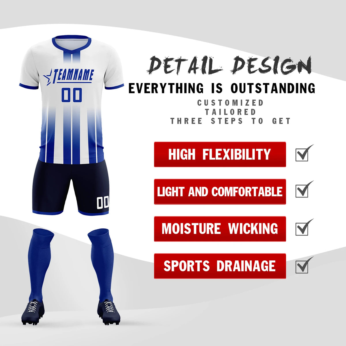 Custom White Royal Blue Vertical Training Uniform Soccer Sets Jersey