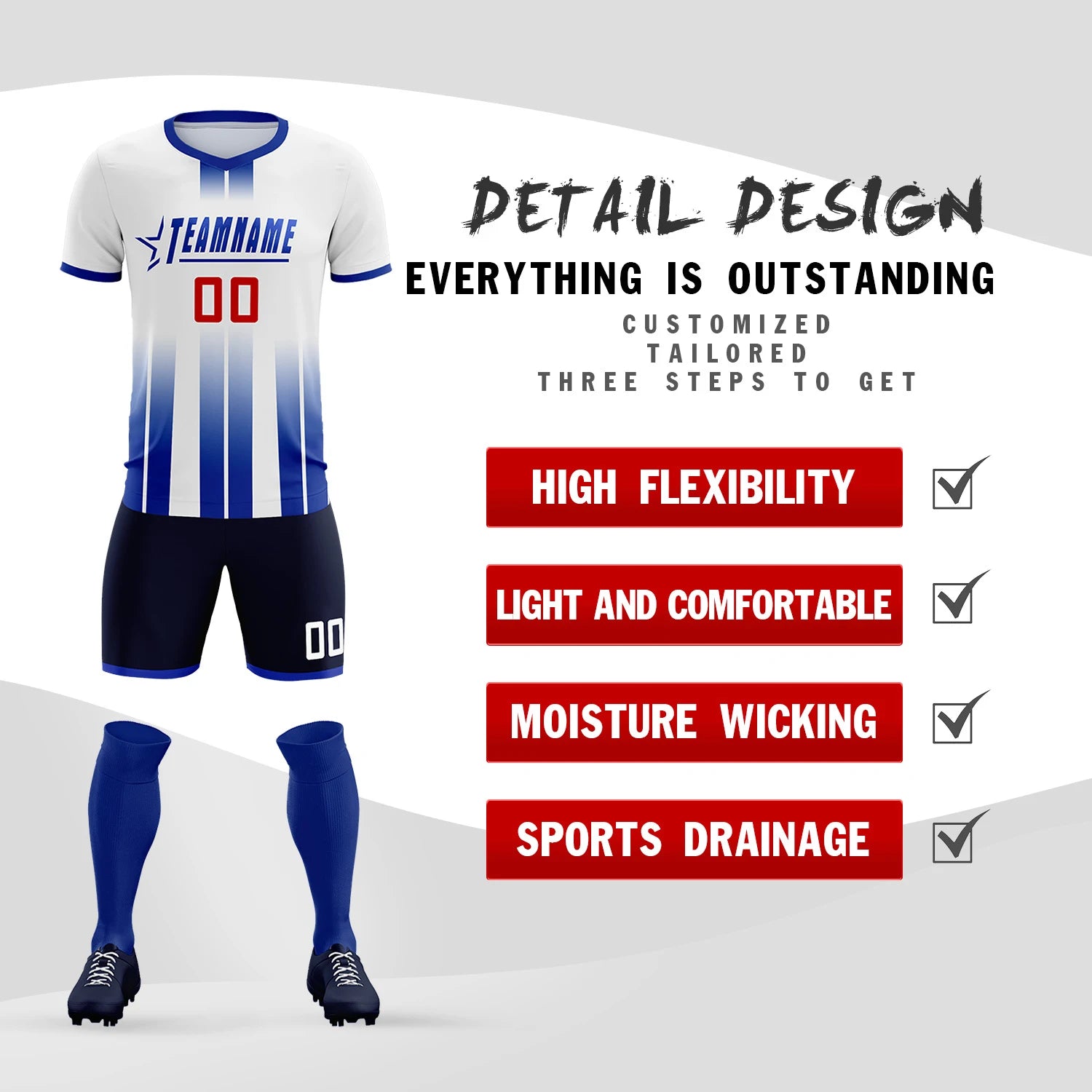 Custom White Royal Blue Vertical Training Uniform Soccer Sets Jersey
