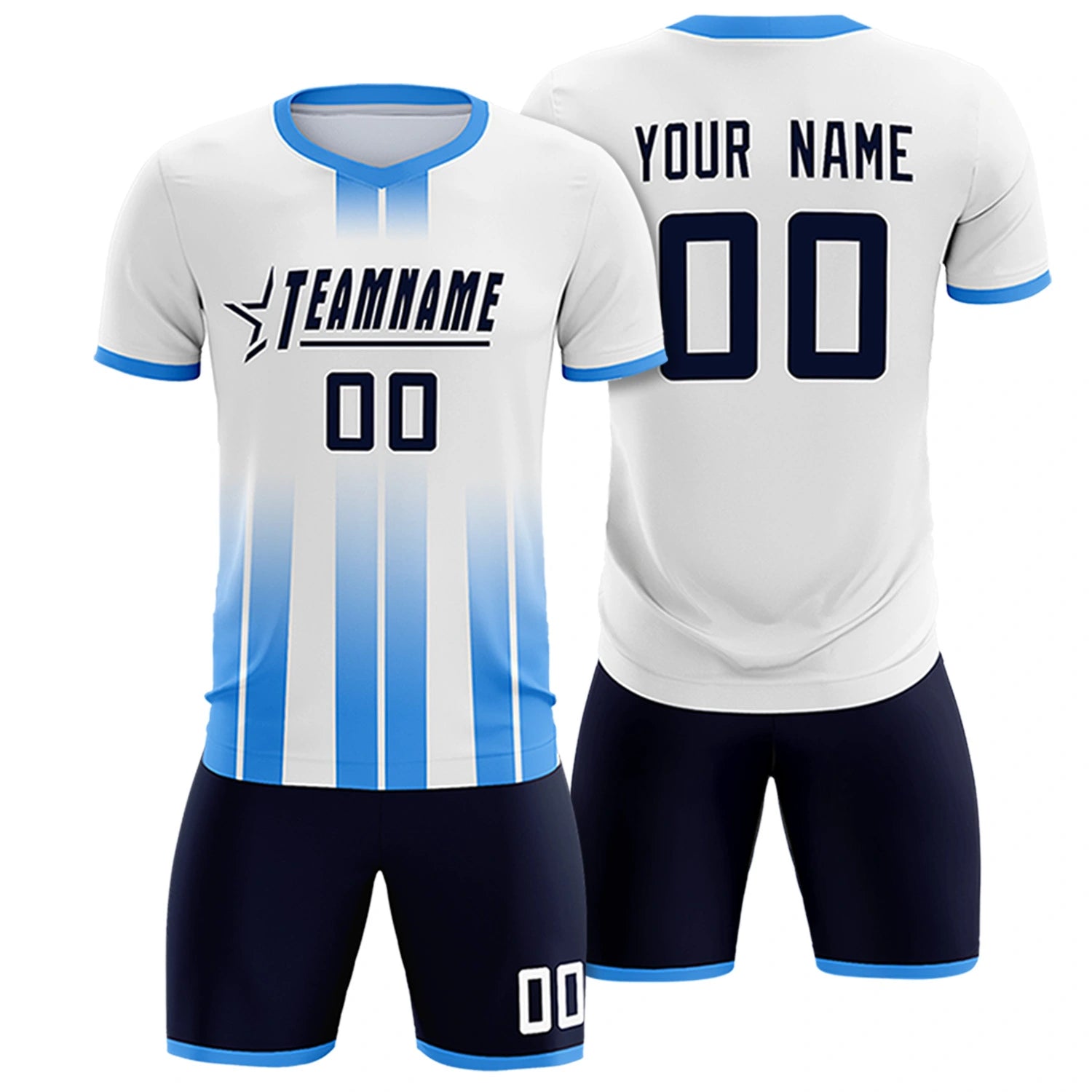 Custom White Powder Blue Vertical Training Uniform Soccer Sets Jersey