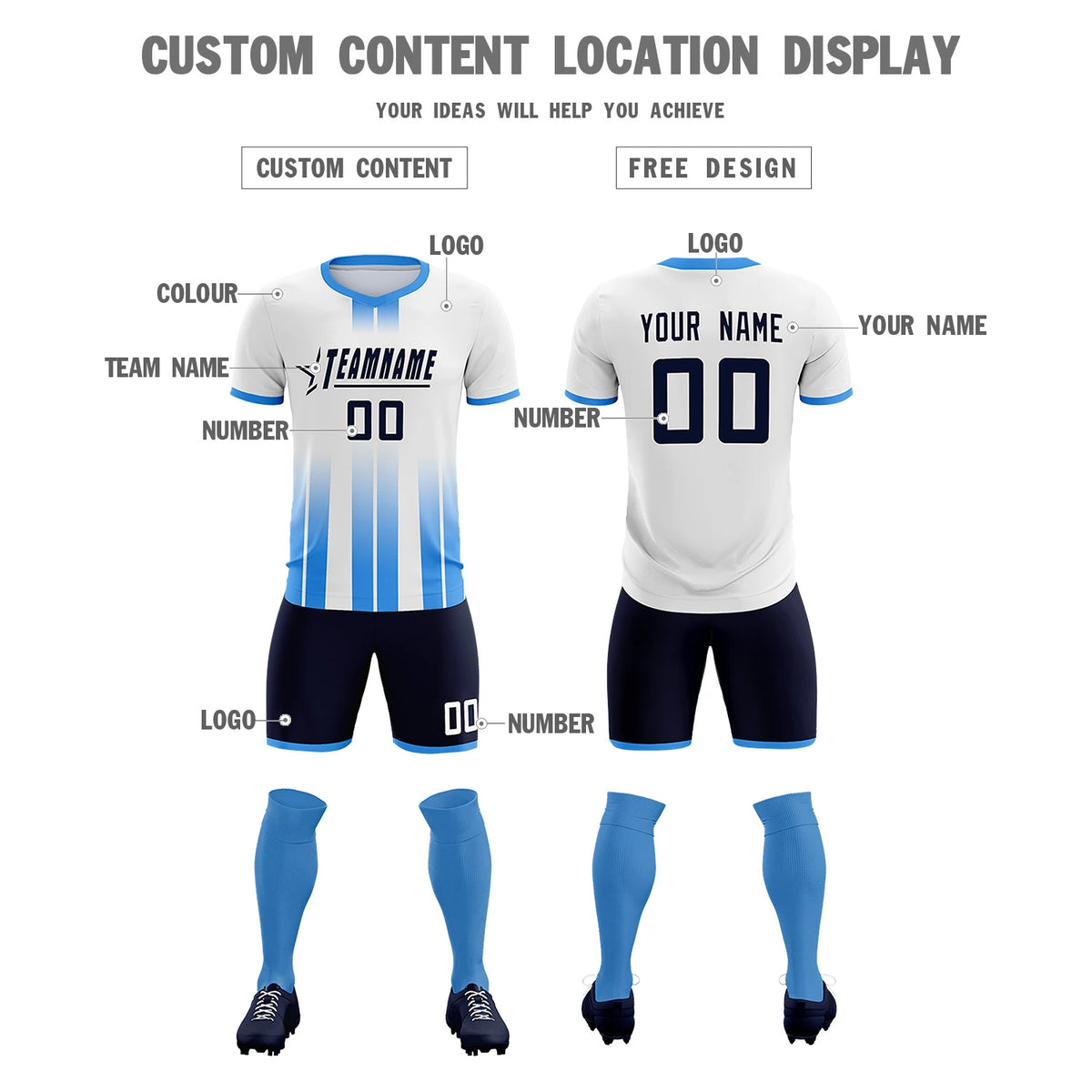 Custom White Powder Blue Vertical Training Uniform Soccer Sets Jersey