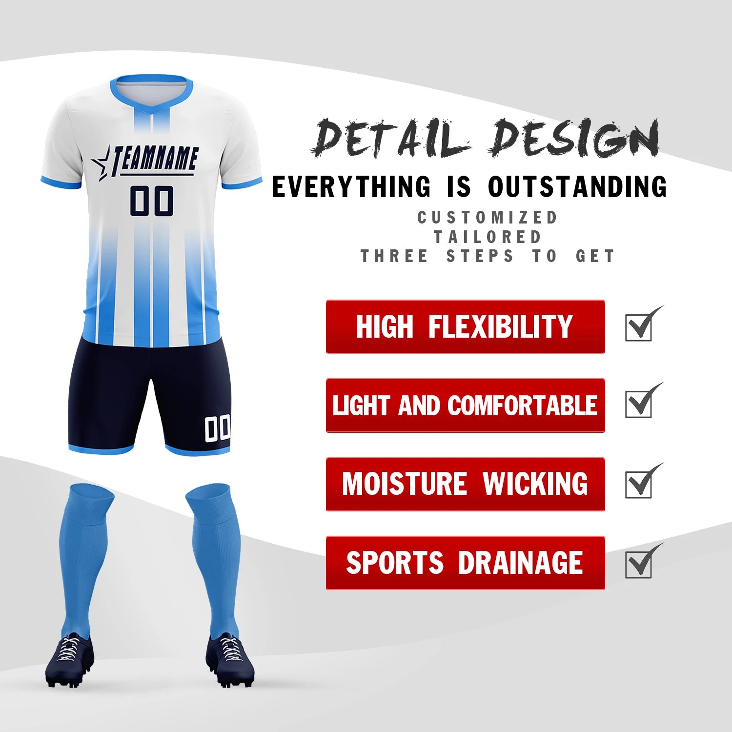 Custom White Powder Blue Vertical Training Uniform Soccer Sets Jersey