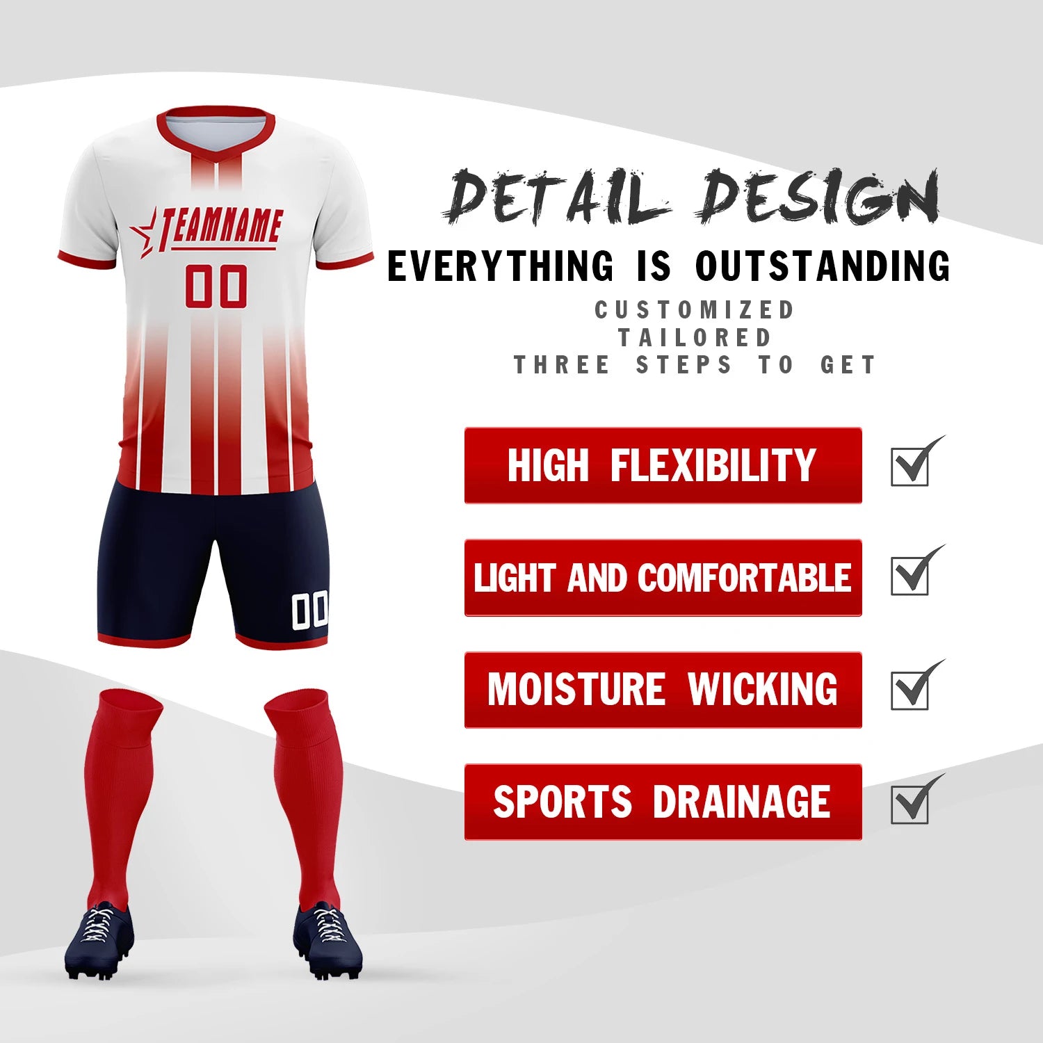 Custom White Red Vertical Training Uniform Soccer Sets Jersey
