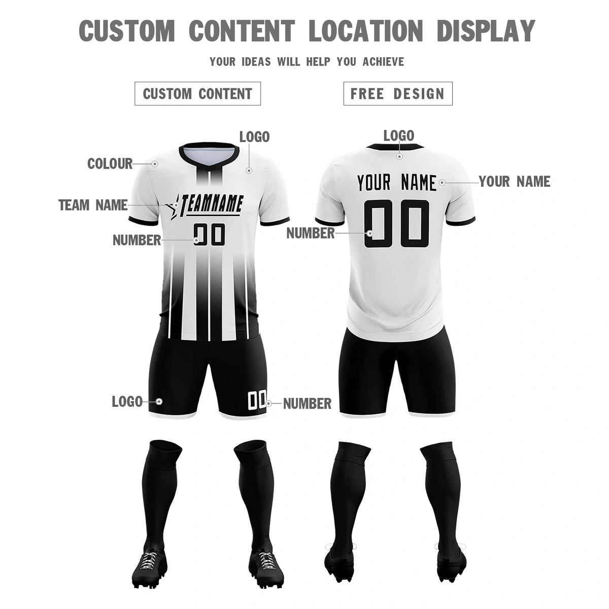 Custom White Black Vertical Training Uniform Soccer Sets Jersey
