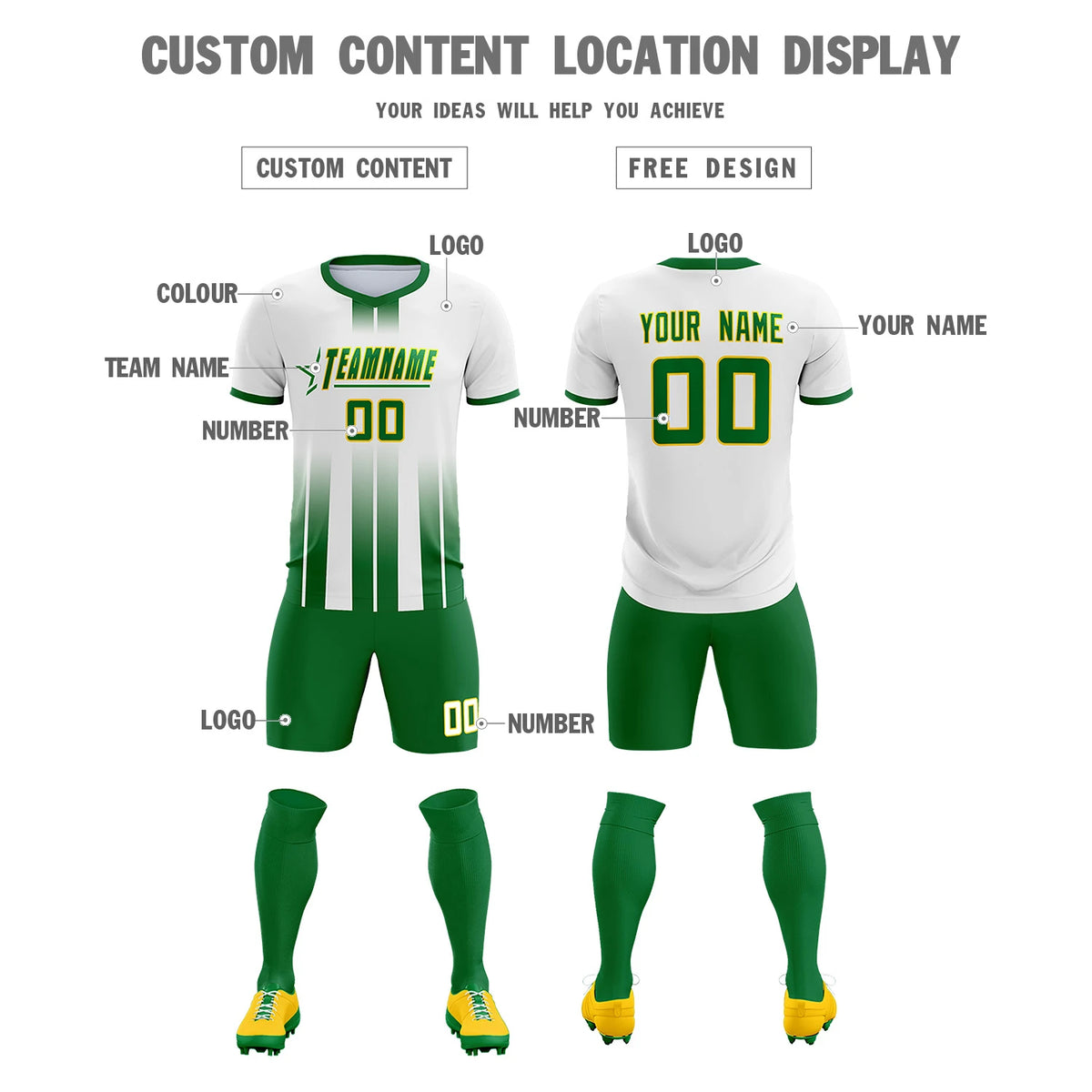 Custom White Kelly Green Vertical Training Uniform Soccer Sets Jersey