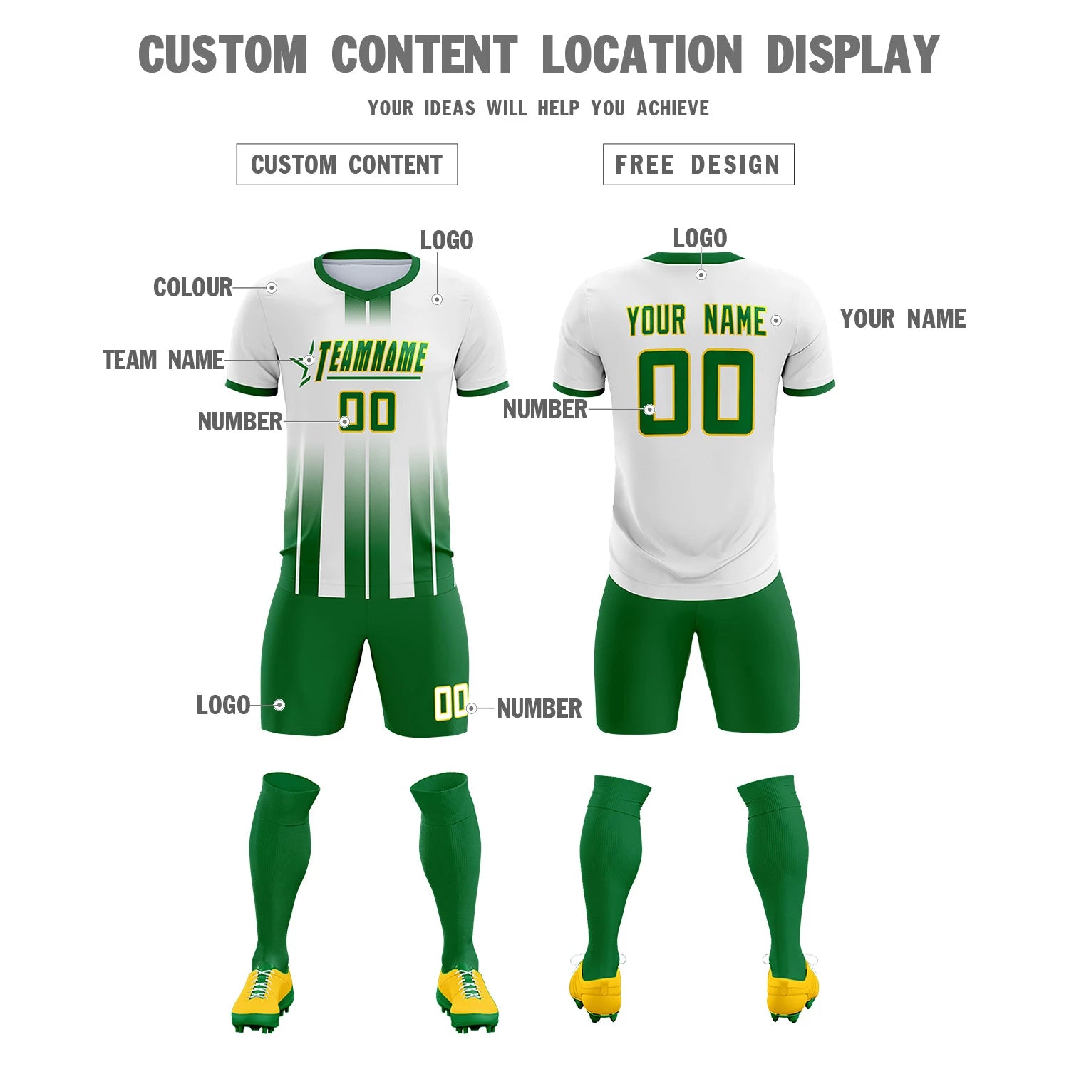 Custom White Kelly Green Vertical Training Uniform Soccer Sets Jersey