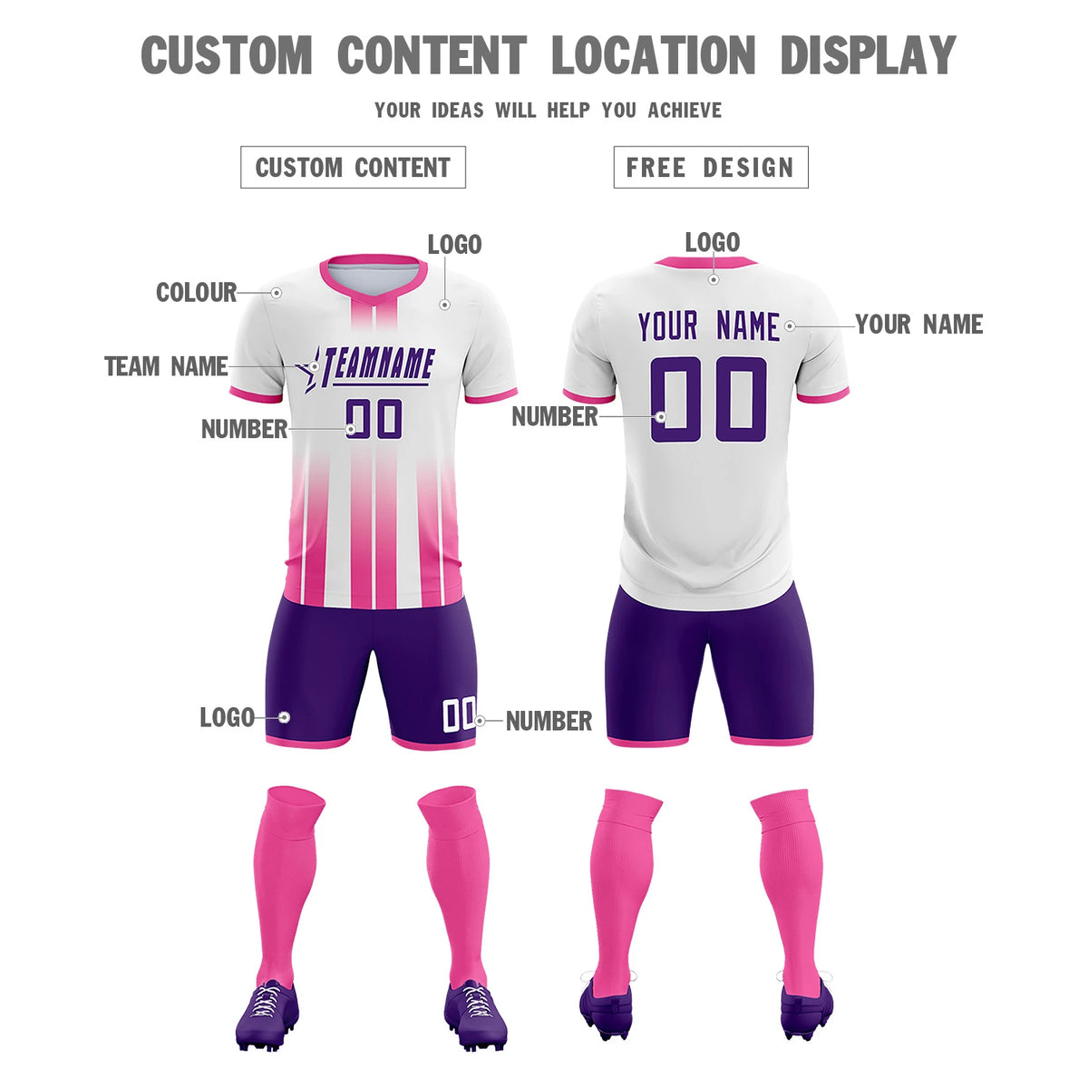 Custom White Pink Vertical Training Uniform Soccer Sets Jersey