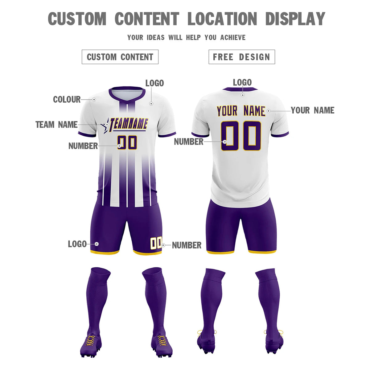 Custom White Purple Vertical Training Uniform Soccer Sets Jersey