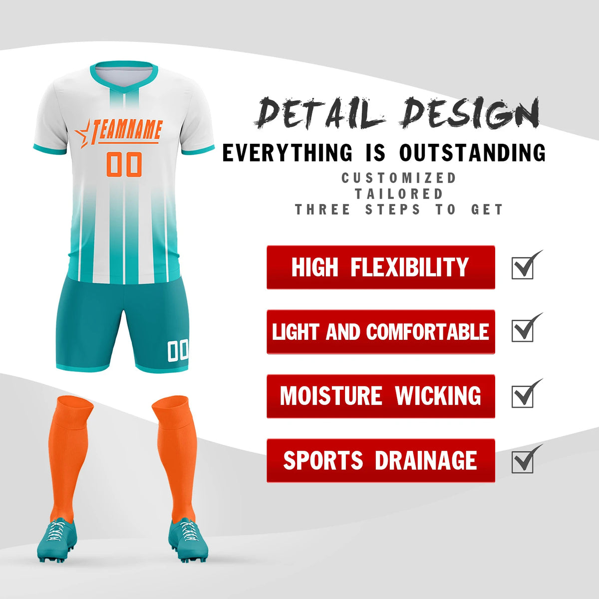 Custom White Bright Blue Vertical Training Uniform Soccer Sets Jersey