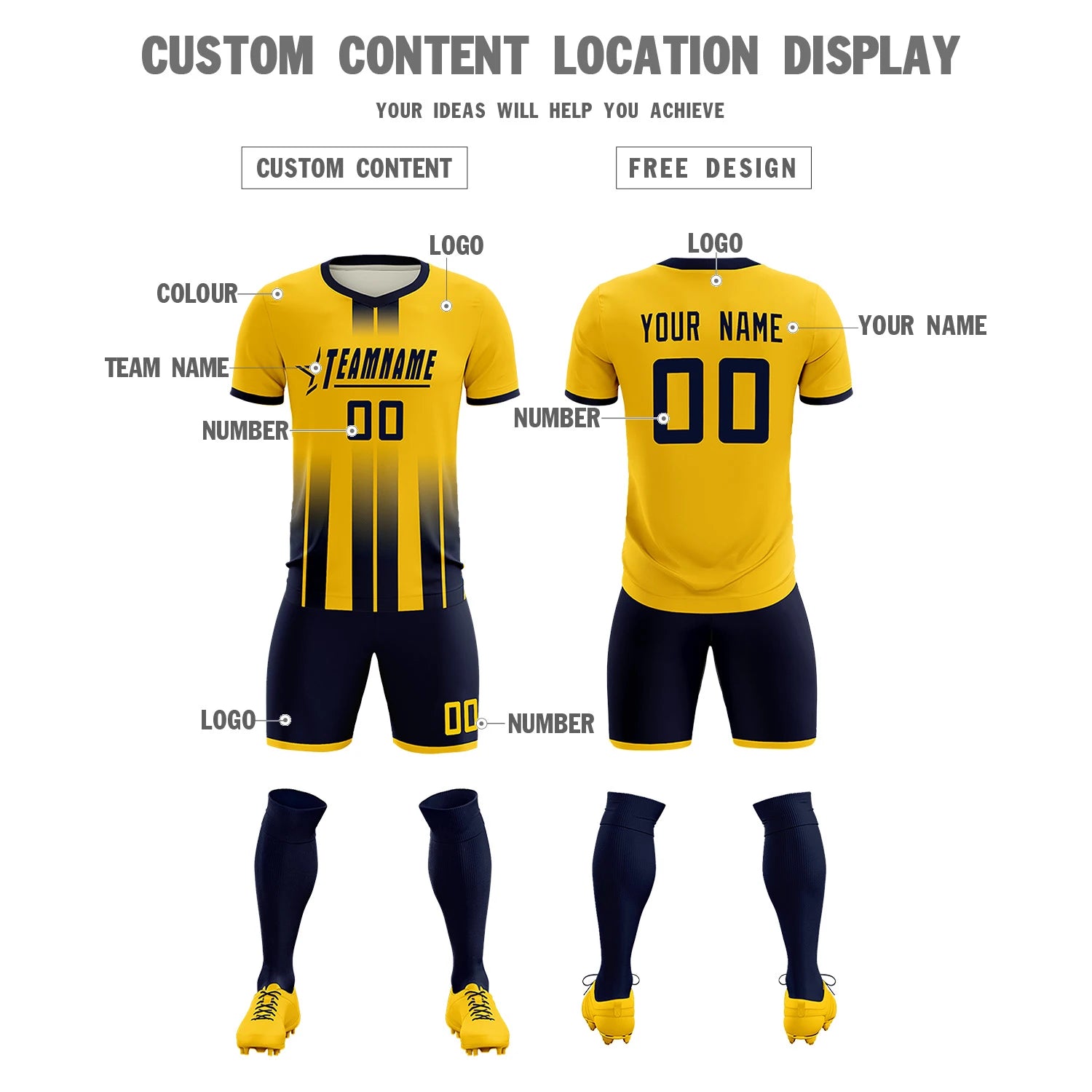 Custom Gold01 Navy Vertical Training Uniform Soccer Sets Jersey