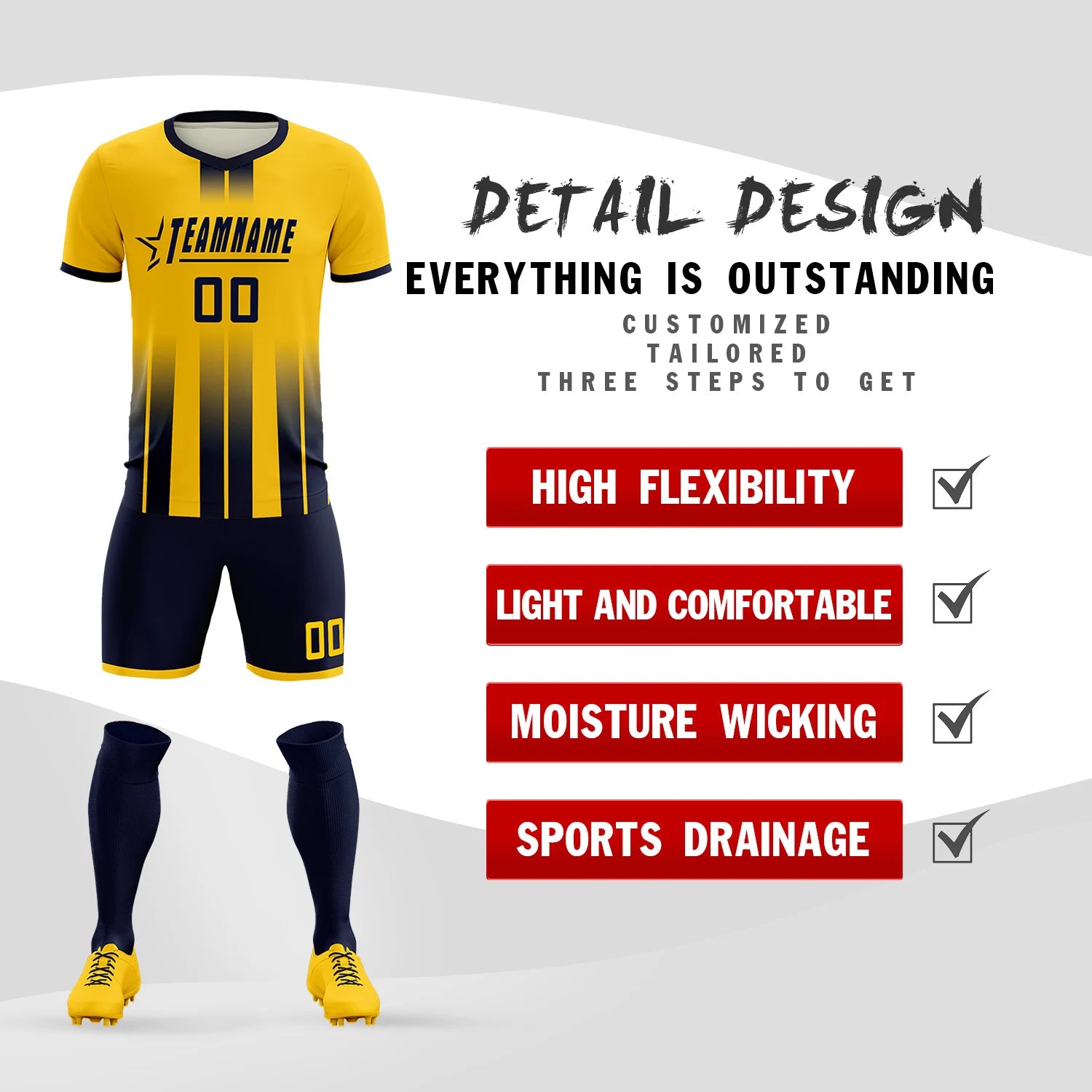 Custom Gold01 Navy Vertical Training Uniform Soccer Sets Jersey