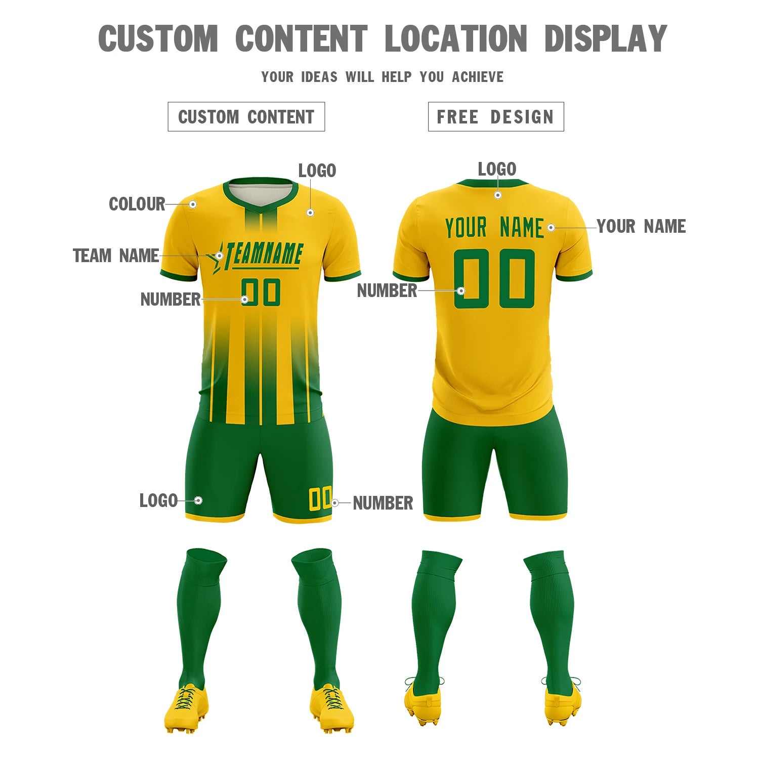 Custom Gold01 Kelly Green Vertical Training Uniform Soccer Sets Jersey