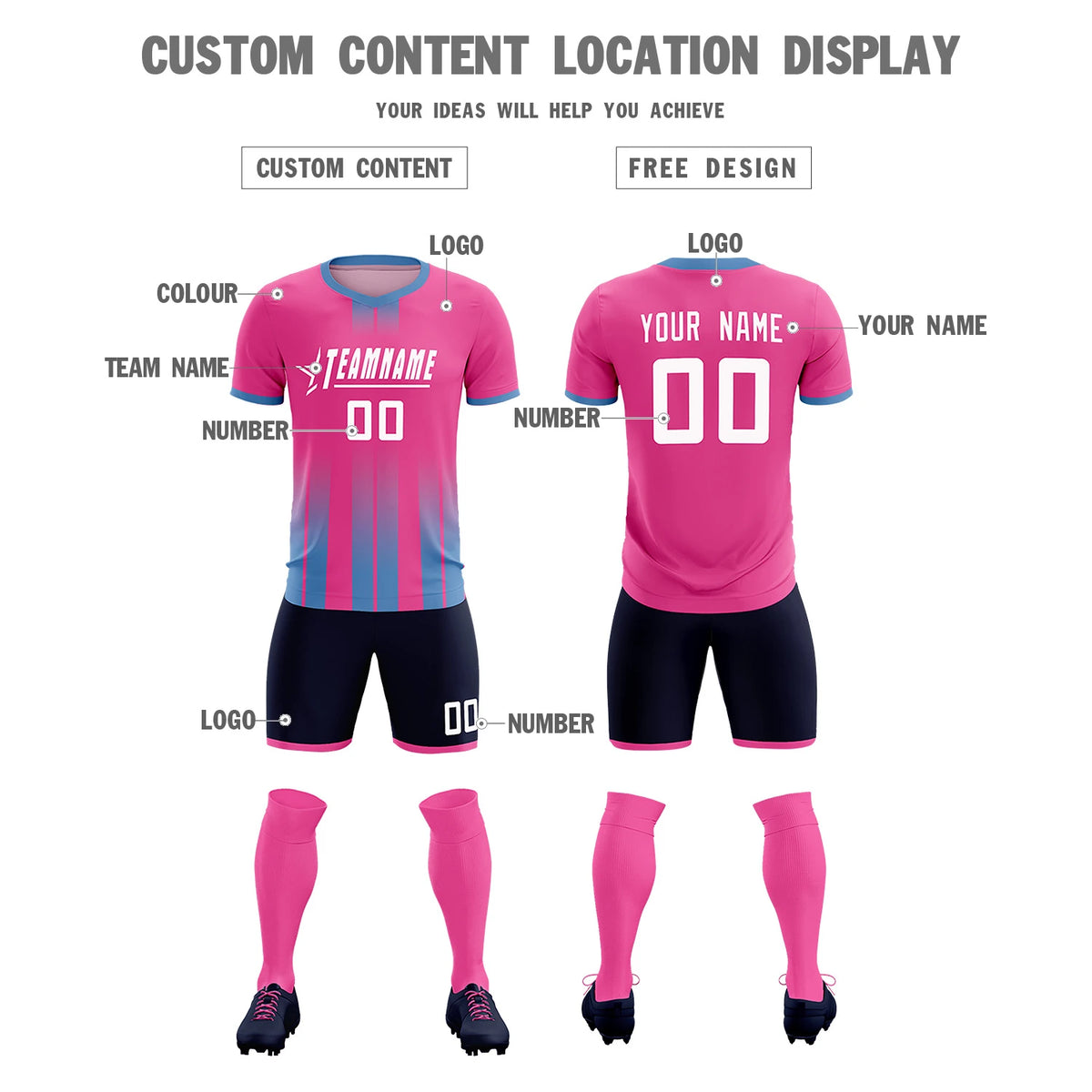 Custom Pink Light Blue Vertical Training Uniform Soccer Sets Jersey