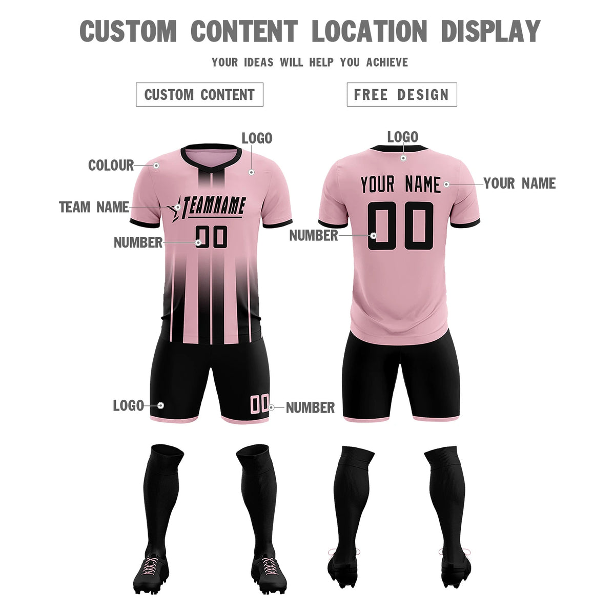 Custom Light Pink Black Vertical Training Uniform Soccer Sets Jersey