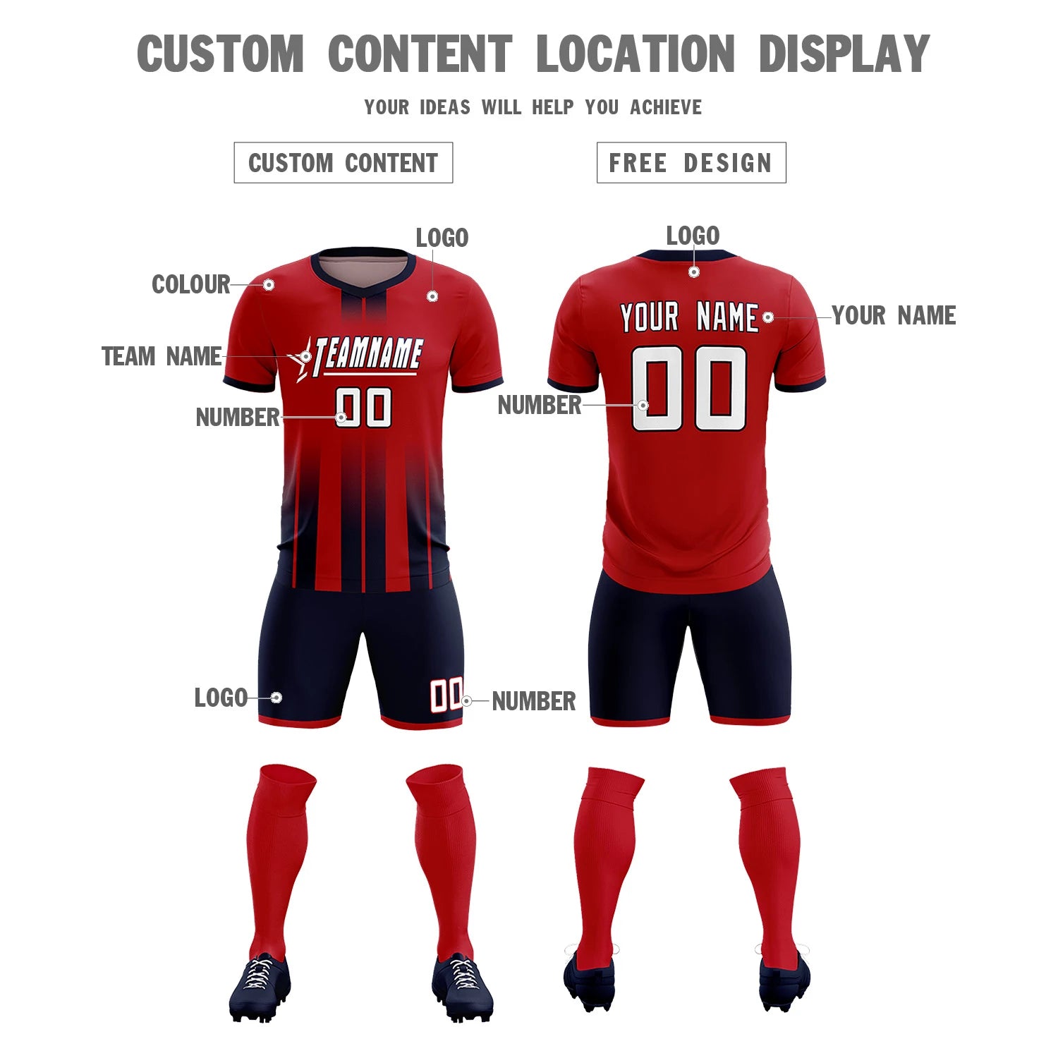Custom Red Navy Vertical Training Uniform Soccer Sets Jersey