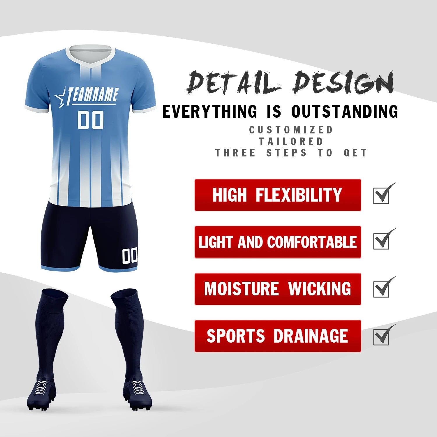 Custom Light Blue White Vertical Training Uniform Soccer Sets Jersey