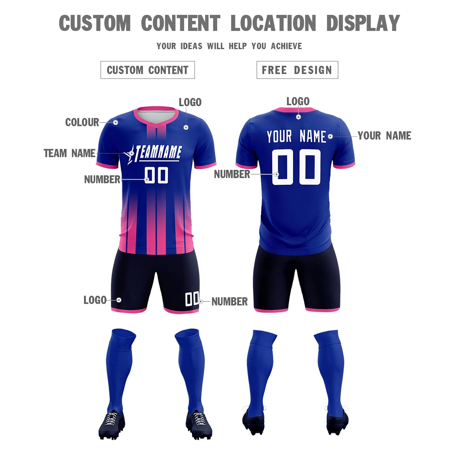 Custom Royal Blue Pink Vertical Training Uniform Soccer Sets Jersey