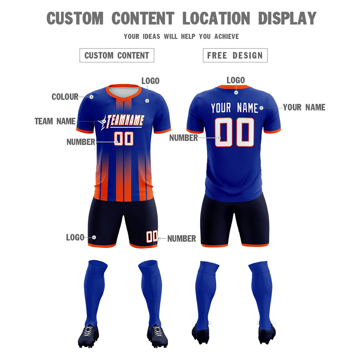 Custom Royal Blue Orange Vertical Training Uniform Soccer Sets Jersey