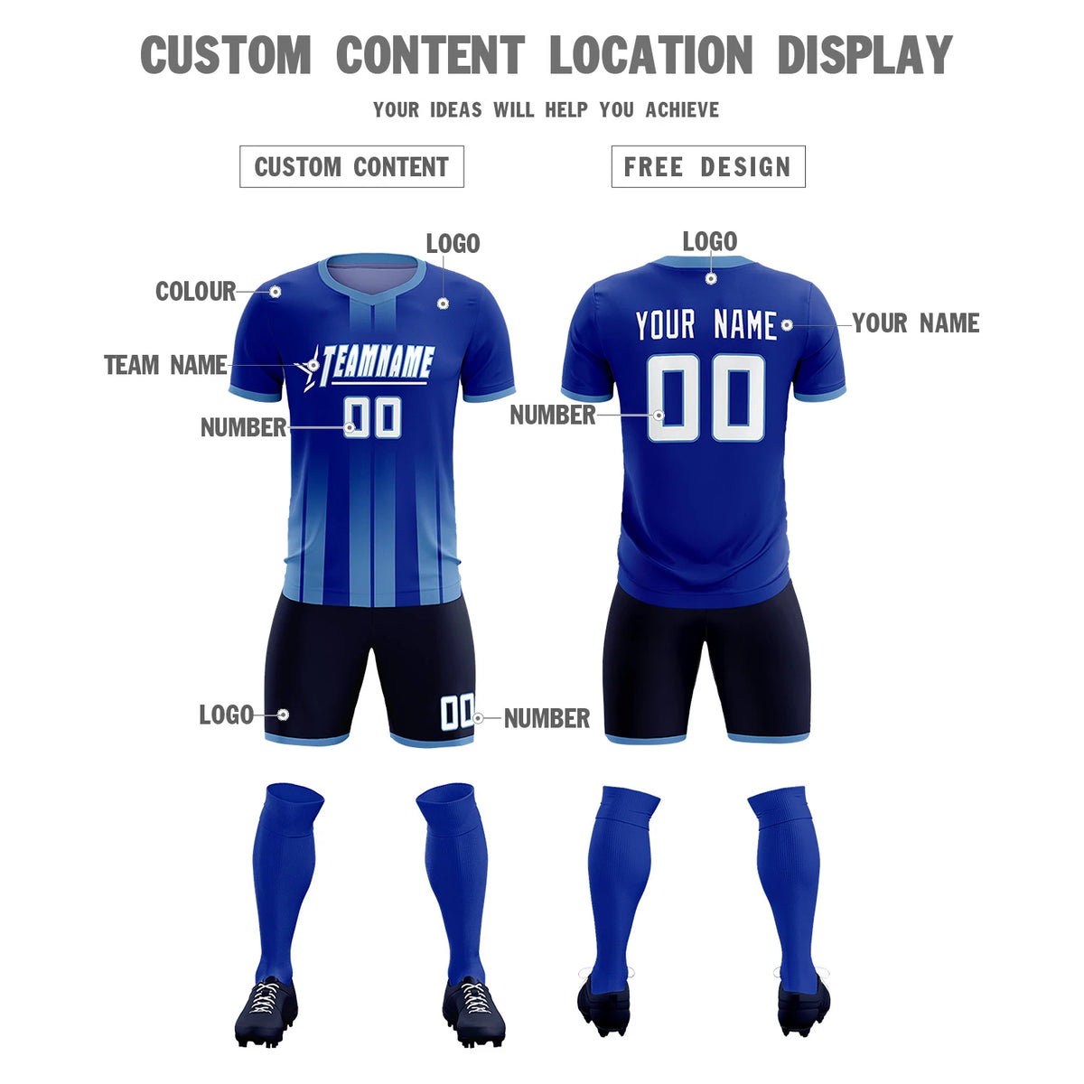 Custom Royal Blue Light Blue Vertical Training Uniform Soccer Sets Jersey