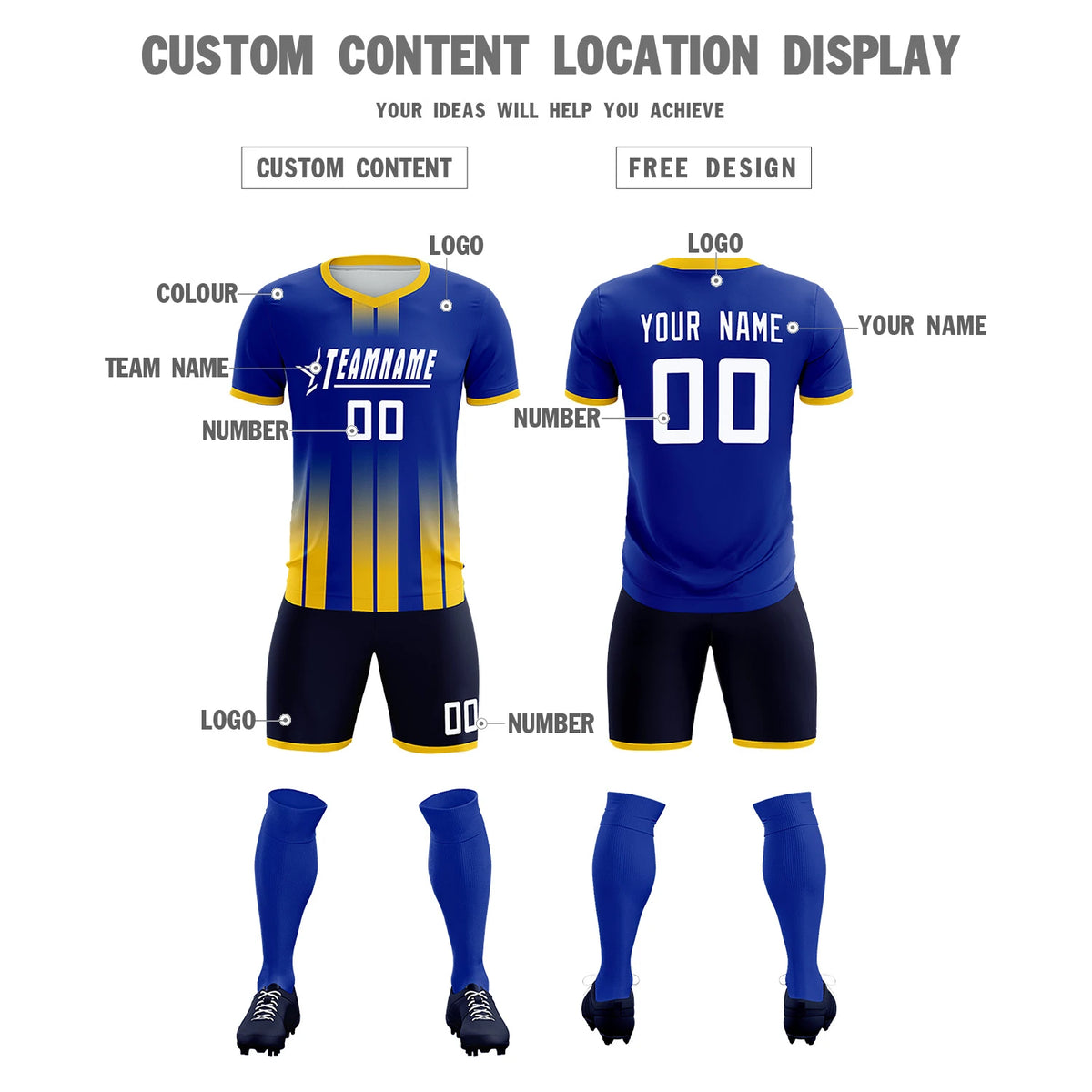 Custom Royal Blue Gold01 Vertical Training Uniform Soccer Sets Jersey