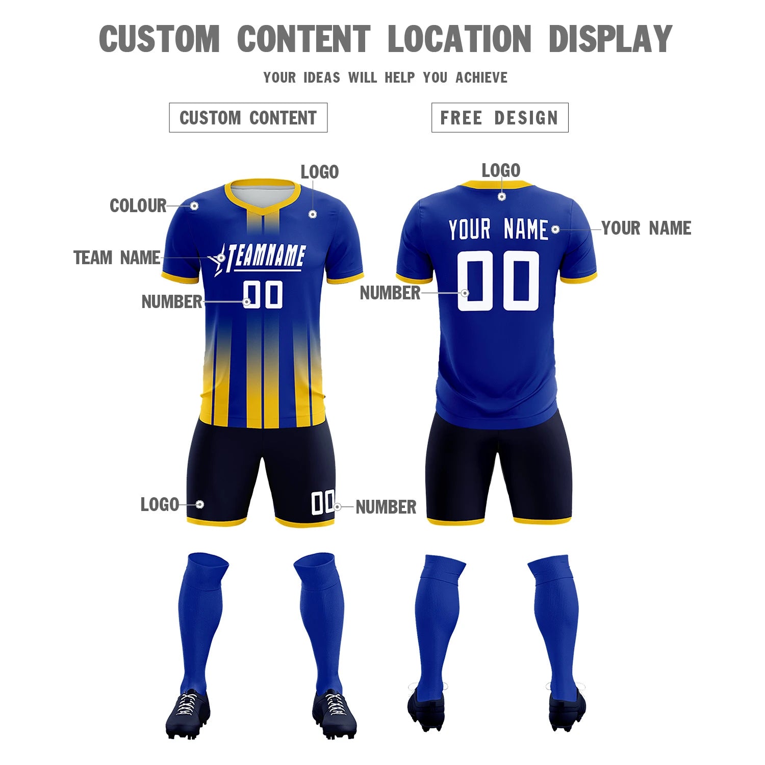 Custom Royal Blue Gold01 Vertical Training Uniform Soccer Sets Jersey