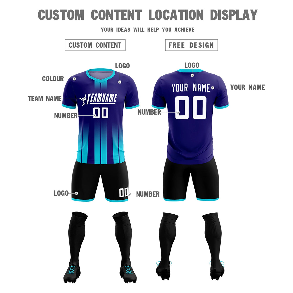 Custom Purple Sky Blue Vertical Training Uniform Soccer Sets Jersey