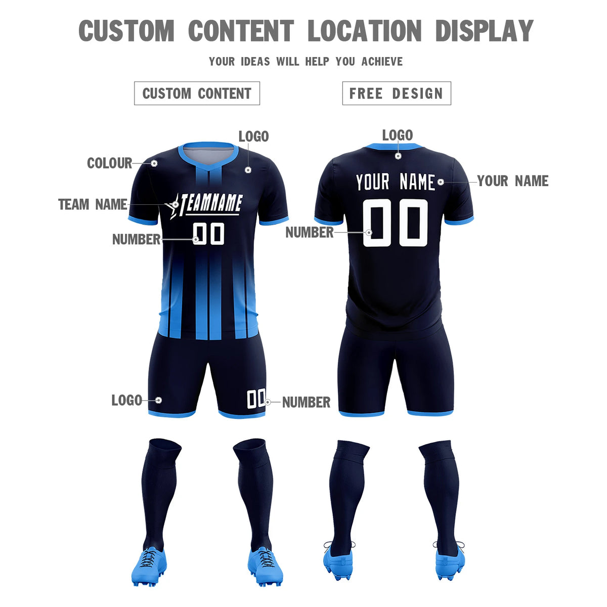 Custom Navy Powder Blue Vertical Training Uniform Soccer Sets Jersey
