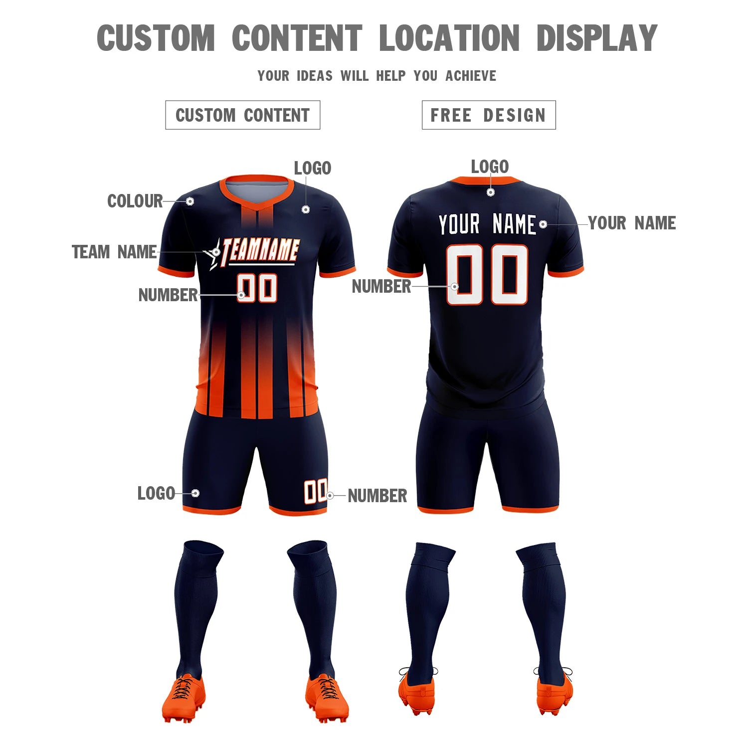 Custom Navy Orange Vertical Training Uniform Soccer Sets Jersey
