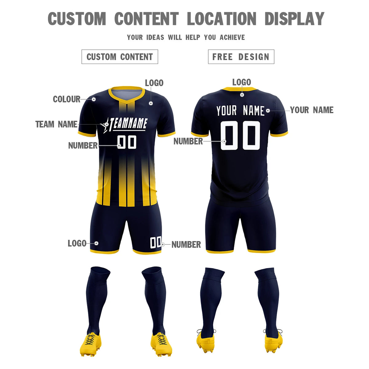 Custom Navy Gold01 Vertical Training Uniform Soccer Sets Jersey