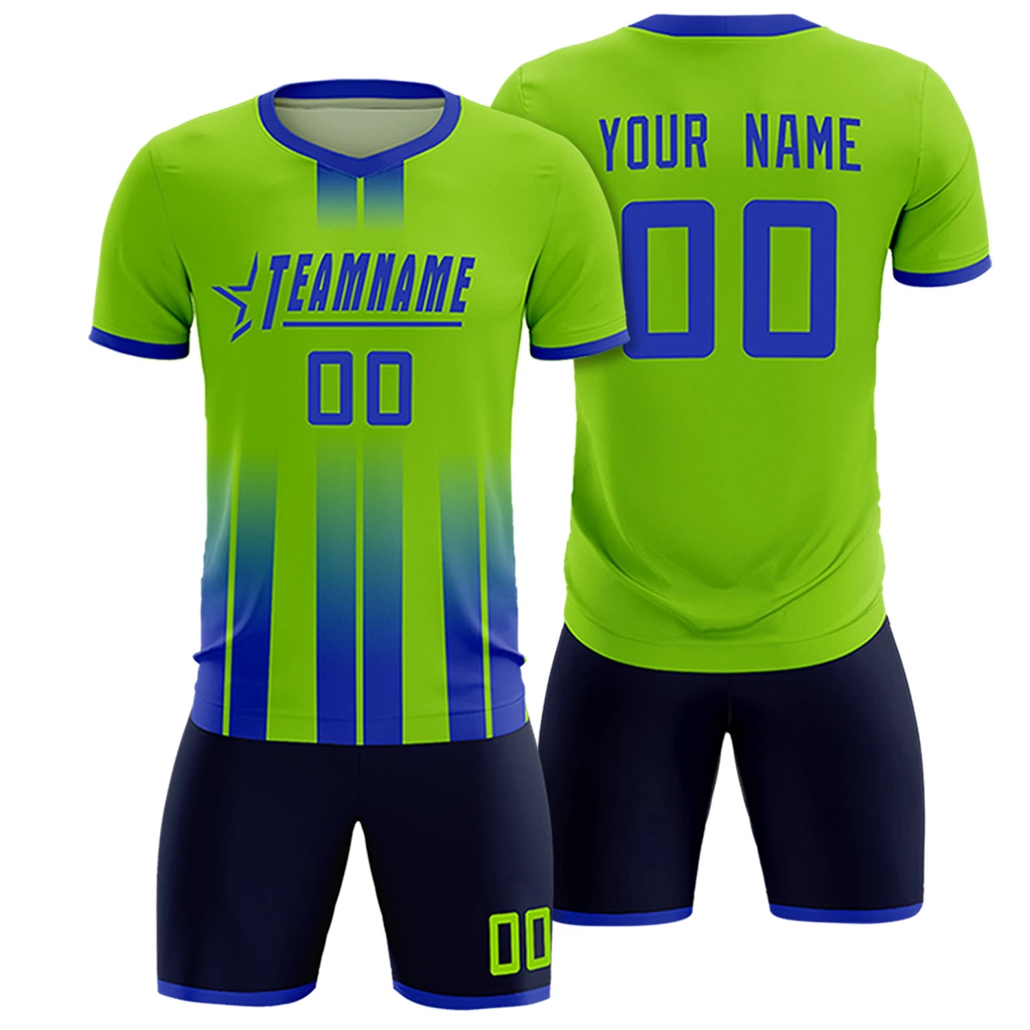 Custom Neon Green Royal Blue Vertical Training Uniform Soccer Sets Jersey
