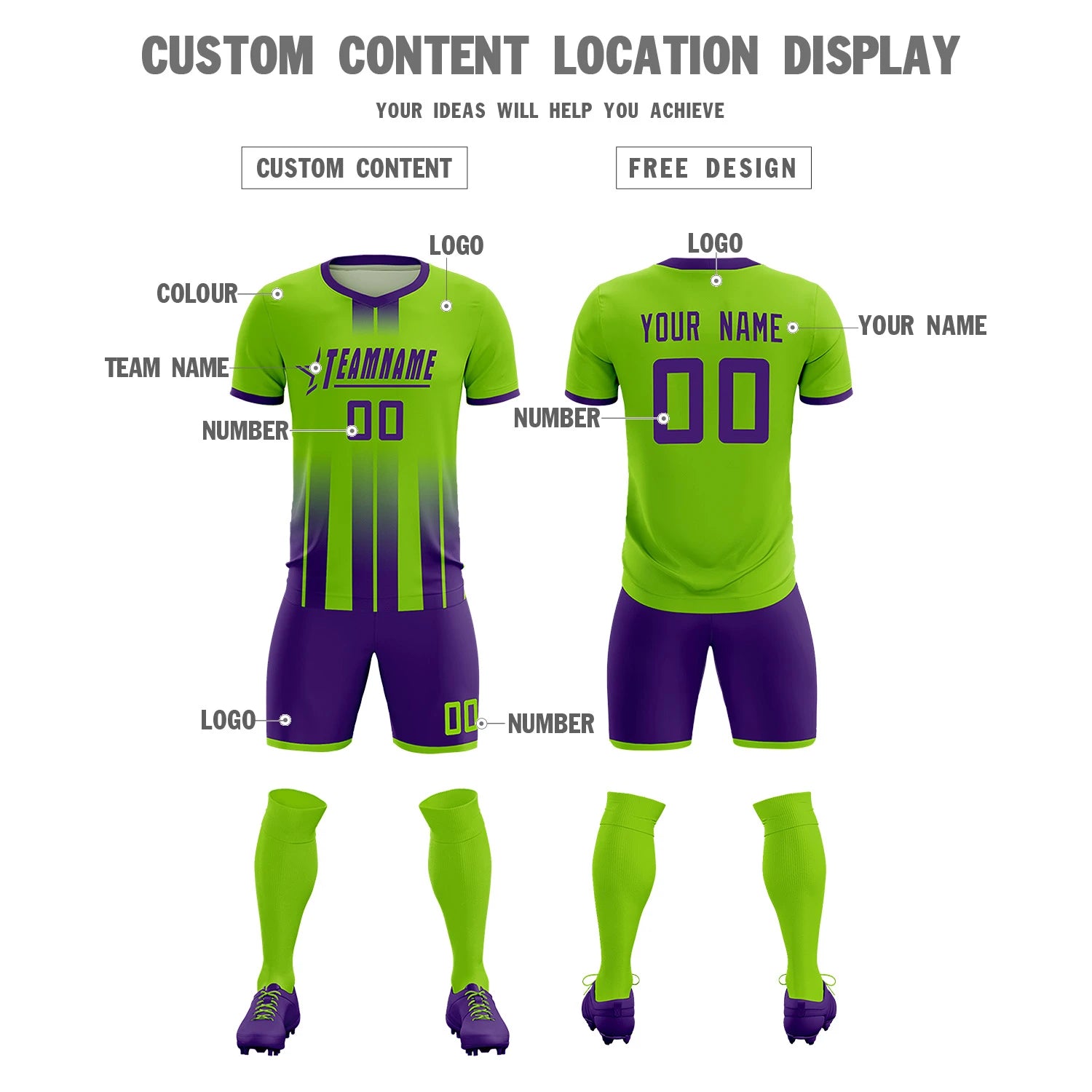 Custom Neon Green Purple Vertical Training Uniform Soccer Sets Jersey