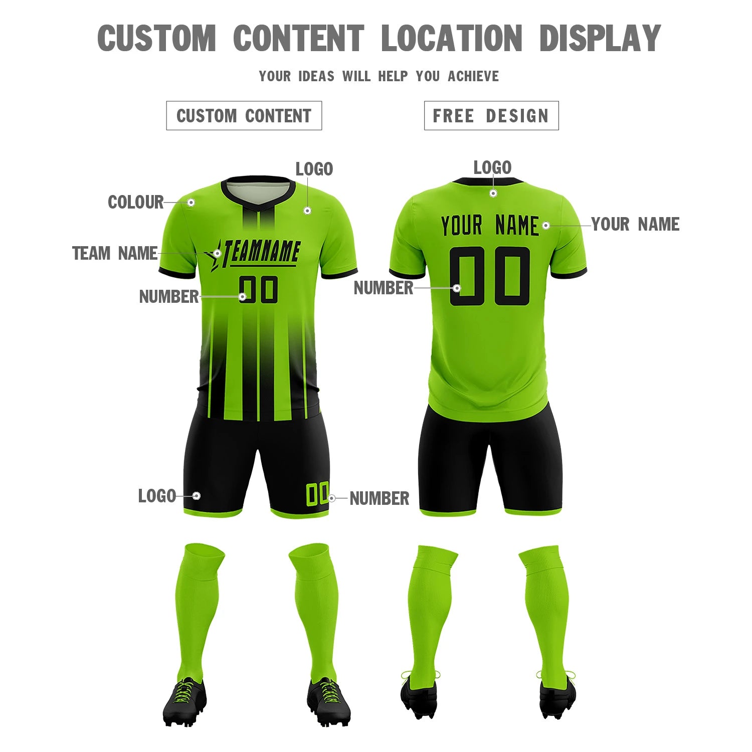 Custom Neon Green Black Vertical Training Uniform Soccer Sets Jersey