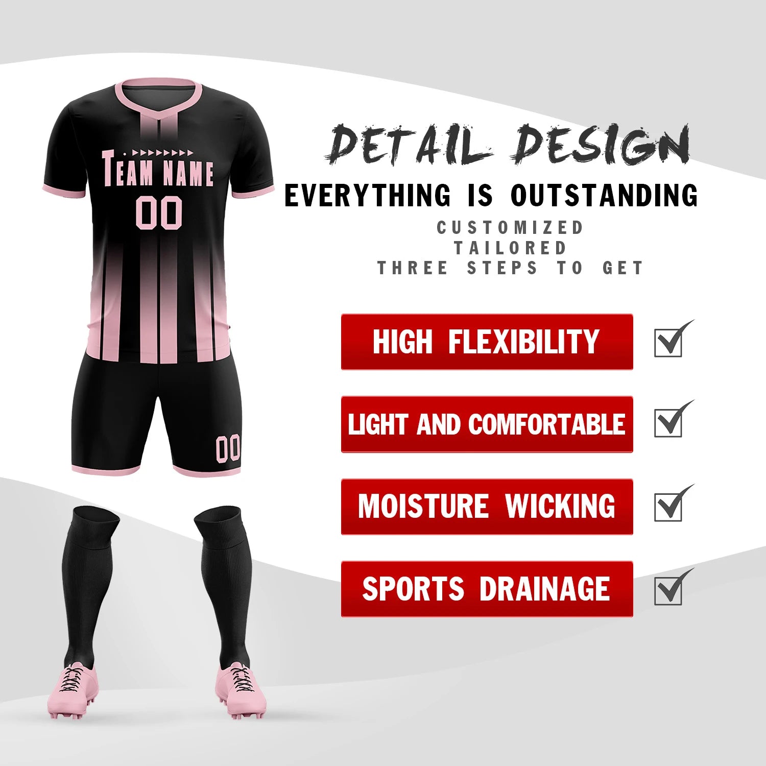 Custom Black Light Pink Vertical Training Uniform Soccer Sets Jersey